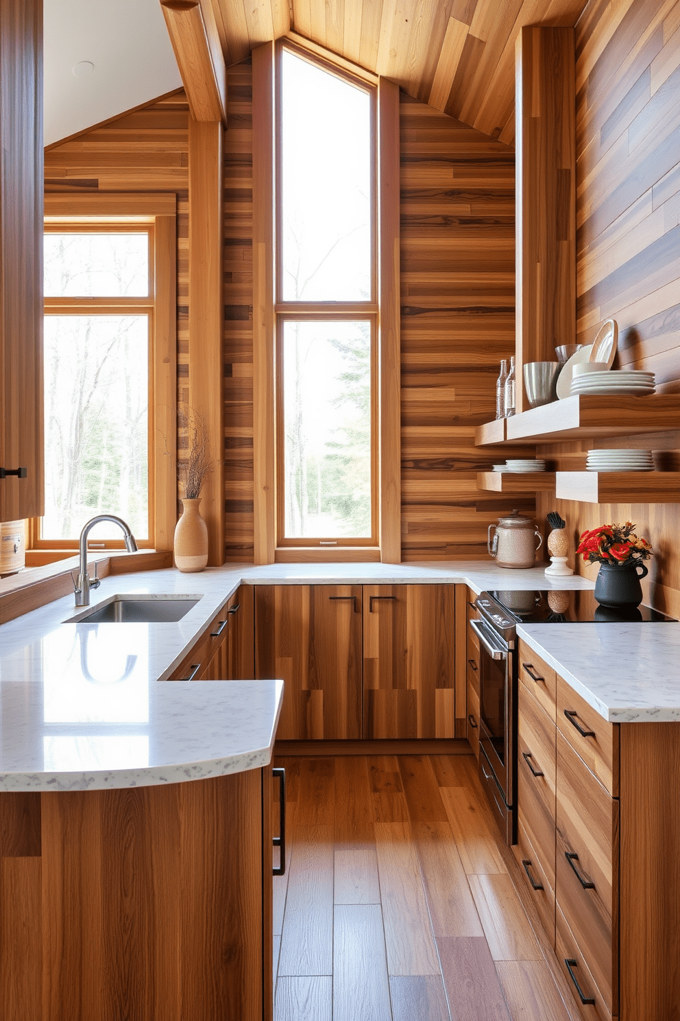 A U-shaped kitchen with natural wood finishes creates a warm and inviting atmosphere. The cabinetry features rich wooden tones, complemented by a sleek quartz countertop that enhances the overall aesthetic. Incorporate open shelving made of reclaimed wood to display stylish dishware and decorative items. Large windows allow natural light to flood the space, highlighting the beauty of the wood finishes and creating a cozy cooking environment.