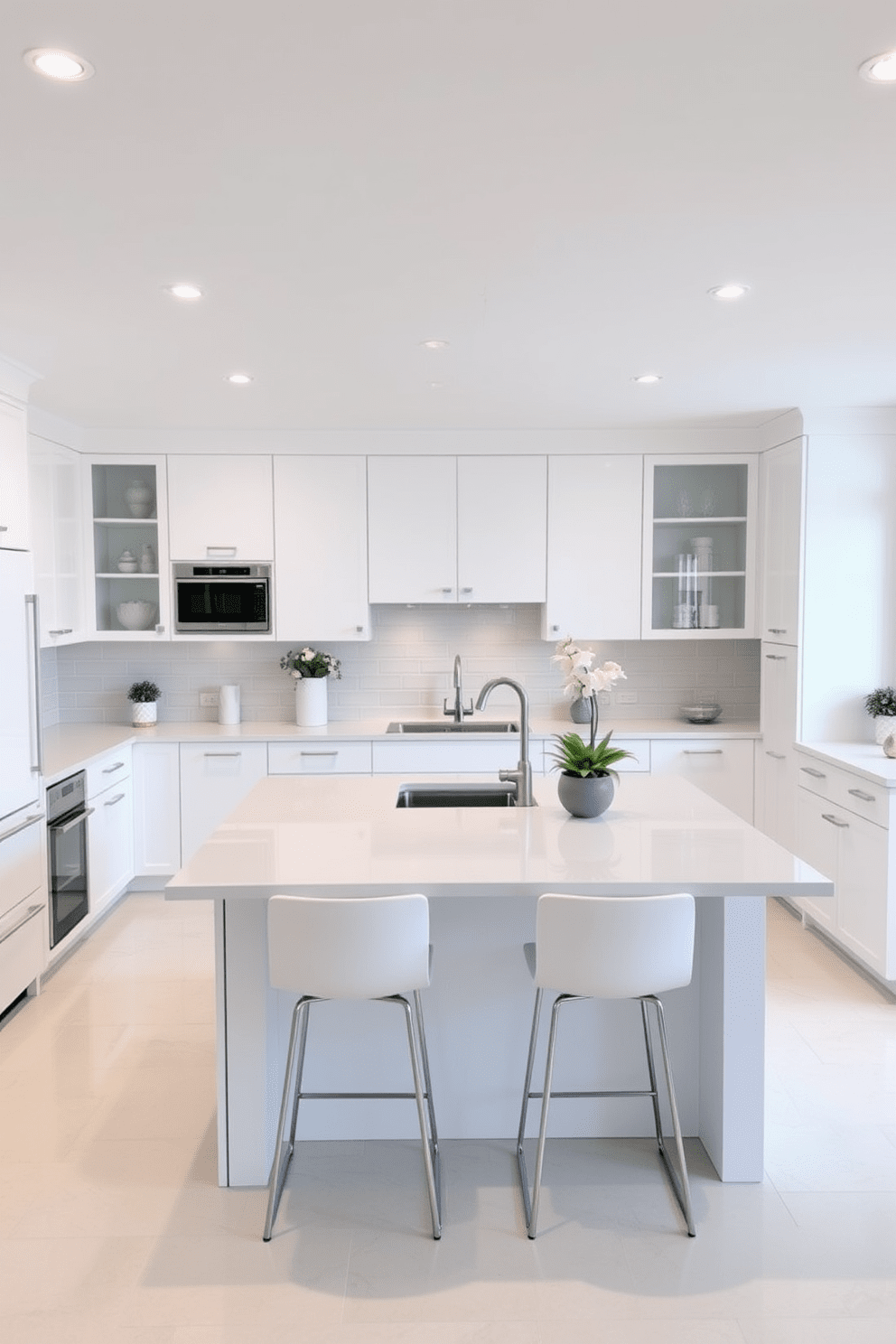 A minimalist U-shaped kitchen featuring sleek cabinetry in a soft white finish. The countertops are made of polished quartz, and the space is illuminated by recessed lighting for a bright and airy feel. In the center, a large island provides additional workspace and seating with minimalist bar stools. The backsplash is a simple subway tile in a light gray, complementing the overall clean aesthetic of the kitchen.