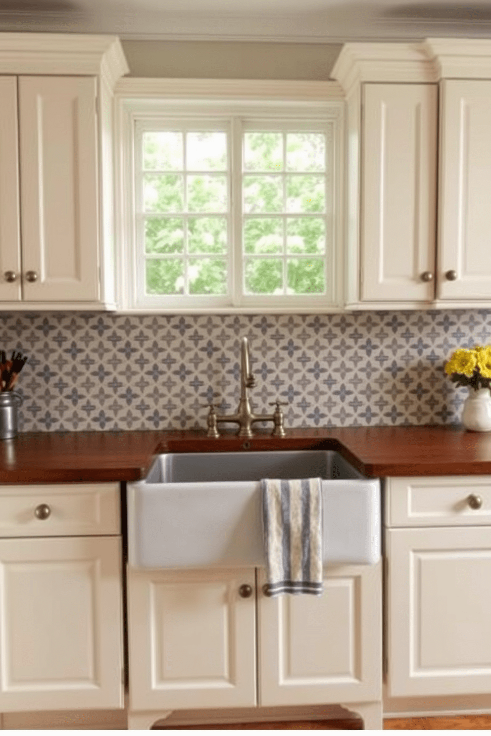 A U-shaped kitchen design featuring vintage fixtures that evoke a classic feel. The cabinetry is painted in a soft cream color, complemented by brass hardware and a farmhouse sink with a vintage faucet. The countertops are made of rich, dark wood, providing a warm contrast to the light cabinetry. A large window above the sink allows natural light to flood the space, illuminating the intricate tile backsplash in muted shades of blue and white.