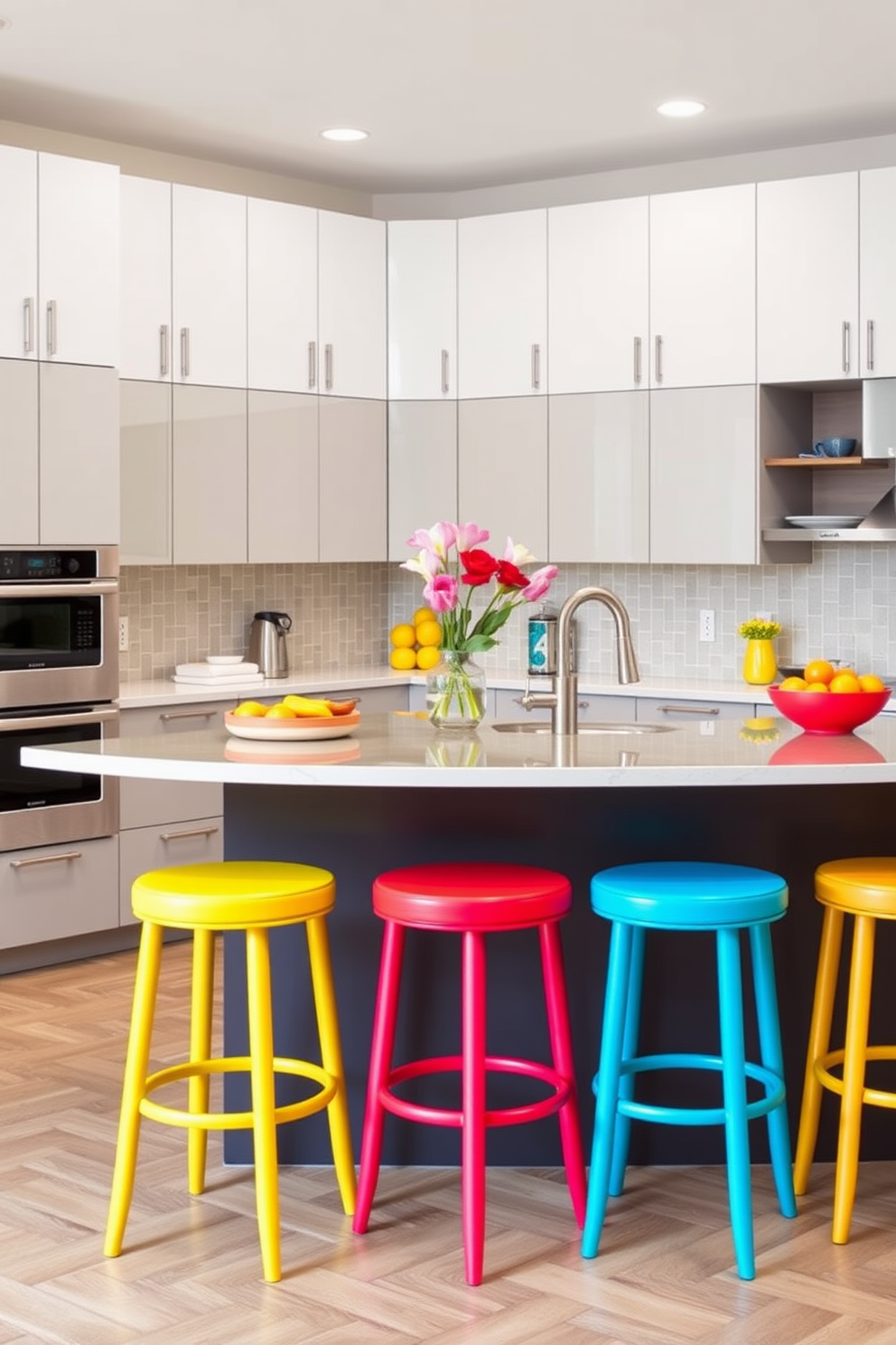 Colorful bar stools add a vibrant touch to a U-shaped kitchen design. The kitchen features sleek cabinetry, a spacious island, and bright accents that complement the lively bar stools.