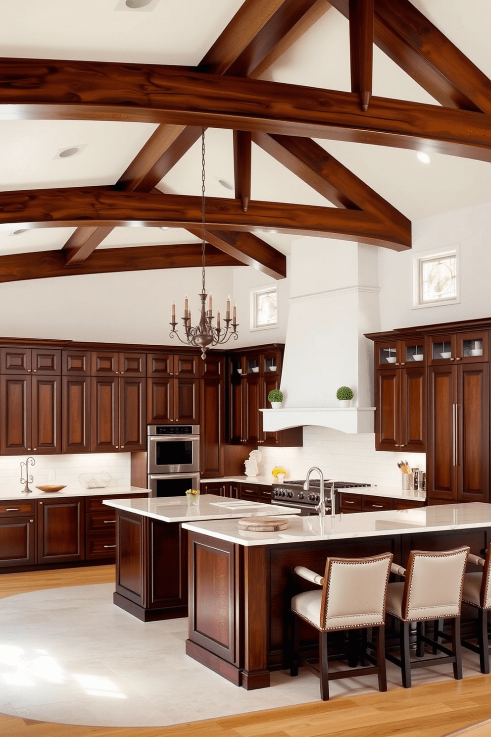 A spacious U-shaped kitchen featuring high ceilings adorned with decorative wooden beams. The cabinetry is a mix of rich dark wood and sleek white finishes, complemented by a large central island with bar seating.