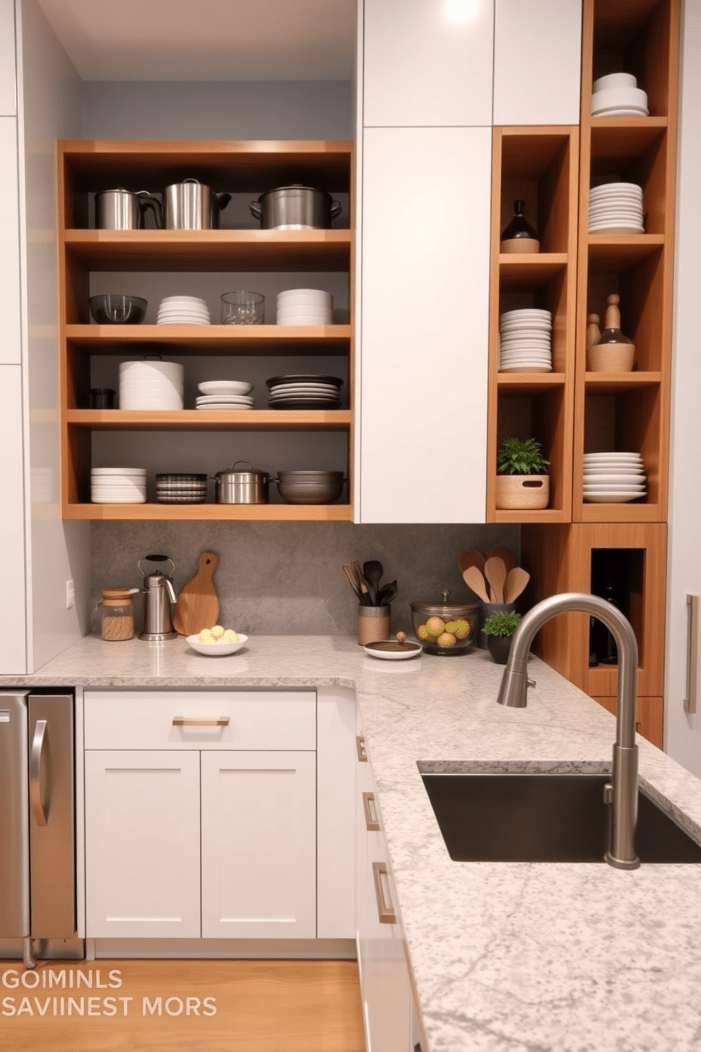 A modern U-shaped kitchen featuring open shelving that provides easy access to cookware and ingredients. The cabinetry is a sleek white with warm wooden accents, and the countertops are a stunning gray quartz with subtle veining.