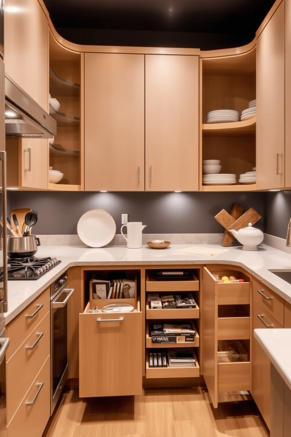 Smart storage solutions for organization in a U-shaped kitchen include sleek cabinetry that maximizes vertical space. Pull-out shelves and drawer organizers provide easy access to utensils and pantry items, while a central island offers additional storage and workspace. Incorporating open shelving can display beautiful dishware and decorative items while keeping essentials within reach. A combination of under-cabinet lighting and strategically placed task lights enhances functionality and ambiance in the kitchen.