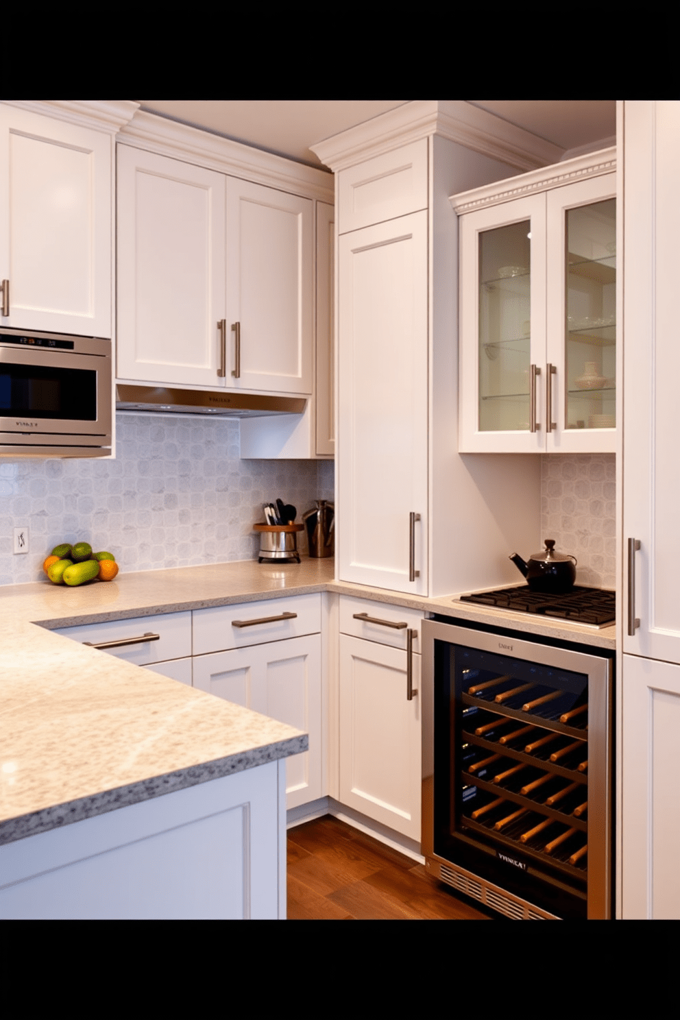 A modern U-shaped kitchen featuring an integrated wine fridge for convenience. The cabinetry is a sleek white with brushed nickel handles, and the countertops are a polished quartz in a soft gray tone.