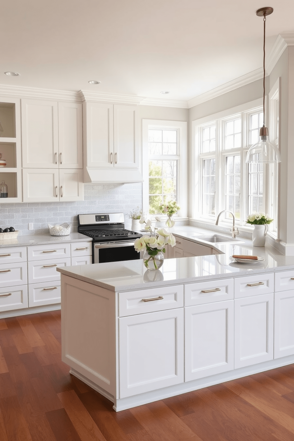 A U-shaped kitchen design featuring soft-close drawers for a sleek finish creates a seamless look. The cabinetry is painted in a crisp white, complemented by a stunning quartz countertop that enhances the overall elegance. In the center, an island provides additional workspace and seating, perfect for casual dining. Large windows allow natural light to flood the space, highlighting the modern appliances and stylish fixtures.