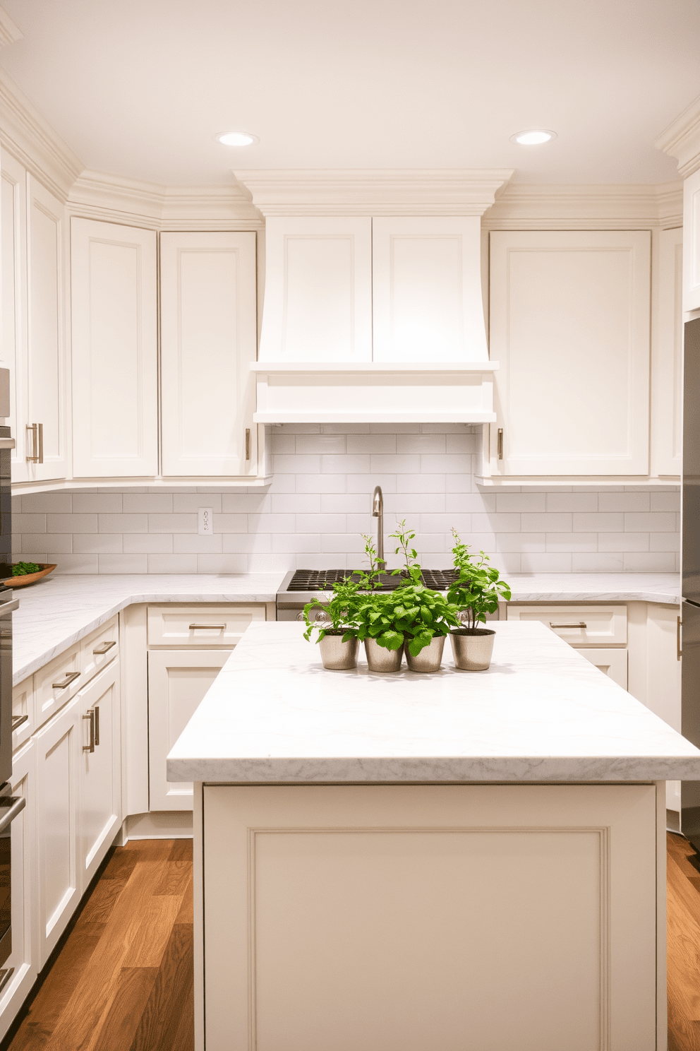 A U-shaped kitchen design featuring a neutral color palette that promotes a calming effect. The cabinetry is a soft white with brushed nickel handles, and the countertops are a light gray quartz with subtle veining. The backsplash consists of simple white subway tiles that extend to the ceiling, creating a seamless look. A large island in the center provides additional prep space, adorned with a few potted herbs for a touch of greenery.