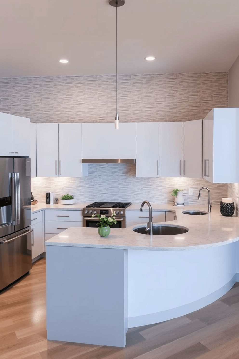 A modern U-shaped kitchen featuring textured wallpaper that adds depth and character to the space. The cabinetry is sleek and minimalistic, complemented by stainless steel appliances and a large island with bar seating.