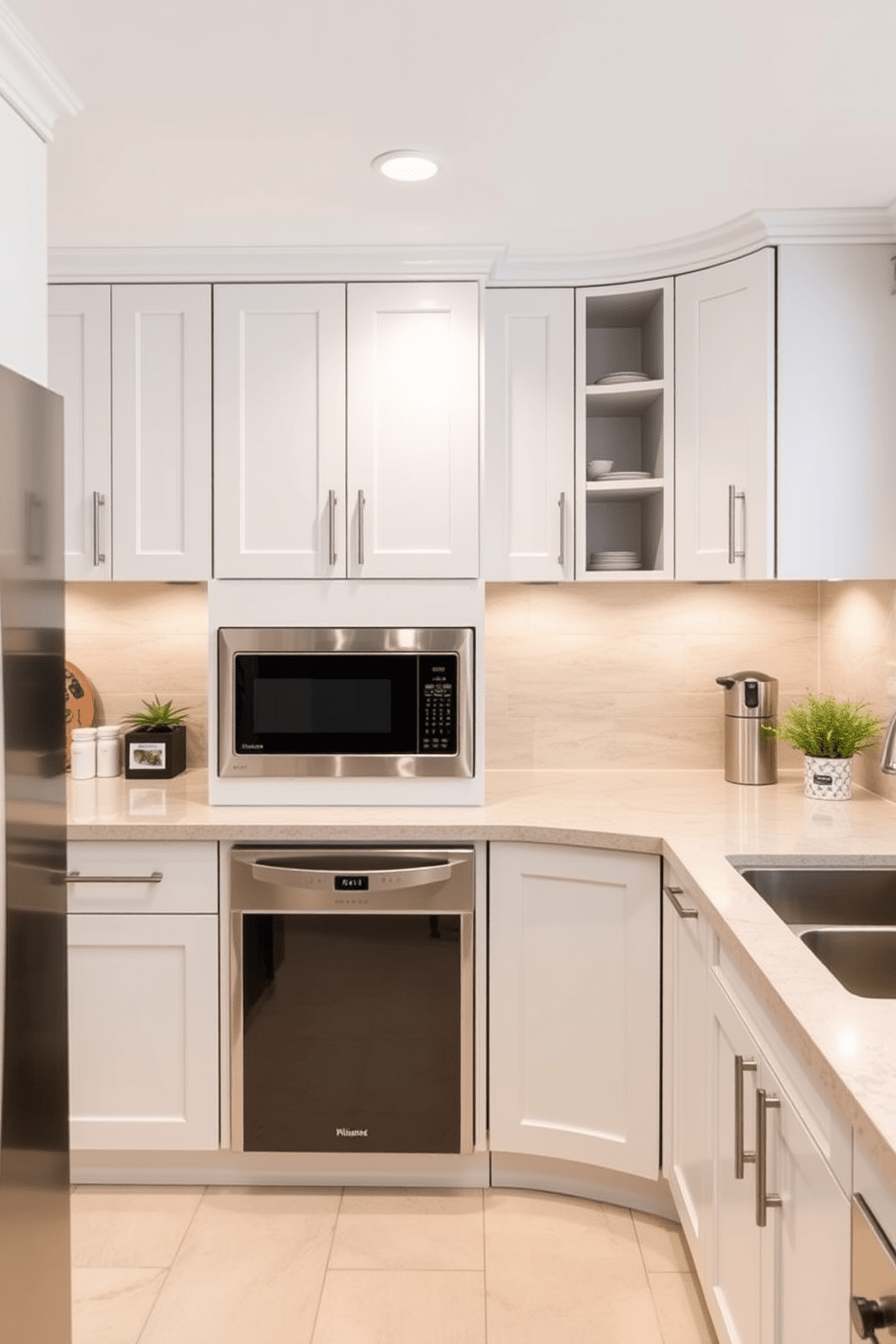 A U-shaped kitchen designed for optimal space efficiency features a built-in microwave seamlessly integrated into the cabinetry. The layout includes ample counter space on three sides, with modern appliances and stylish finishes that enhance both functionality and aesthetics.