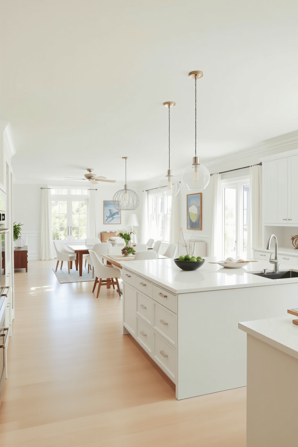 A bright and airy open concept space seamlessly transitions into a stylish dining area. The U-shaped kitchen features sleek cabinetry and a large island that doubles as a breakfast bar, enhancing the flow of the space.