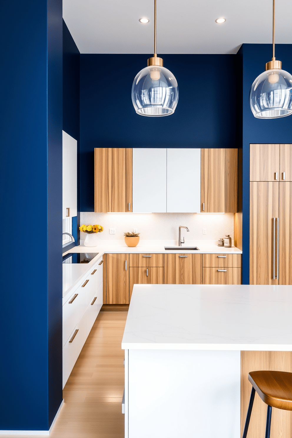 A stunning U-shaped kitchen featuring an accent wall painted in a bold navy blue. The cabinetry is sleek and modern with a mix of matte white and warm wood finishes, creating a striking contrast. The kitchen island is spacious and topped with a beautiful quartz countertop, providing ample space for meal prep and casual dining. Pendant lights hang above the island, adding a touch of elegance and warmth to the overall design.