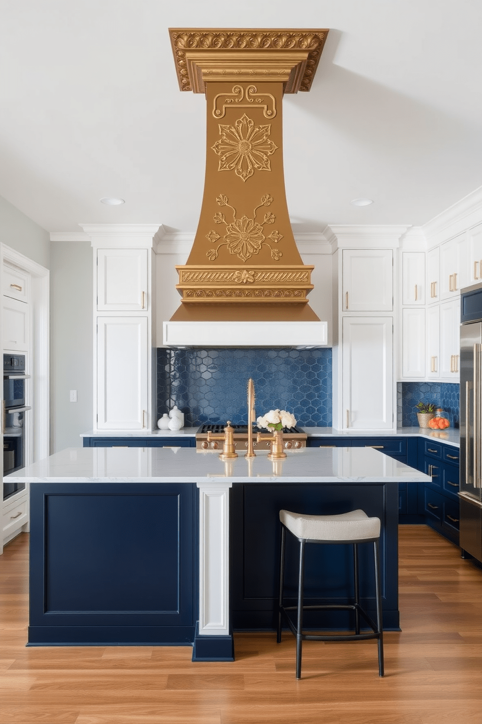 A stunning U-shaped kitchen design features a decorative range hood as the focal point, crafted from polished brass with intricate detailing. The cabinetry is a mix of deep navy blue and crisp white, complemented by a spacious island topped with quartz and adorned with stylish bar stools.