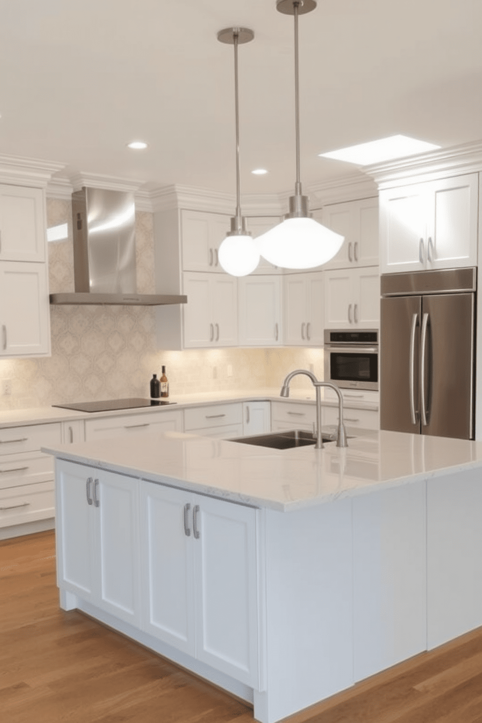 A spacious U-shaped kitchen featuring sleek cabinetry in a soft white finish. Bright pendant lights hang gracefully over the central island, illuminating the space with a warm glow. The island is topped with a stunning quartz countertop that complements the overall design. Stainless steel appliances are seamlessly integrated into the cabinetry, enhancing the modern aesthetic.