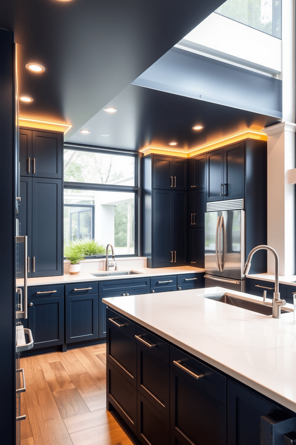 A spacious U-shaped kitchen features sleek cabinetry in a deep navy blue, complemented by a large island with a white quartz countertop. Recessed lighting is strategically placed above the island and along the perimeter, creating a warm and inviting atmosphere. The kitchen is equipped with state-of-the-art stainless steel appliances, seamlessly integrated into the cabinetry. Large windows allow natural light to flood the space, enhancing the modern vibe and showcasing the elegant design.