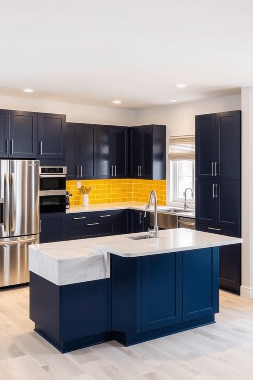 A U-shaped kitchen featuring contrasting colors for visual interest. The cabinetry is a deep navy blue, while the island is a crisp white with a waterfall edge countertop. The backsplash is a vibrant yellow tile that adds a pop of color, complementing the overall design. Sleek stainless steel appliances are seamlessly integrated, enhancing the modern aesthetic.