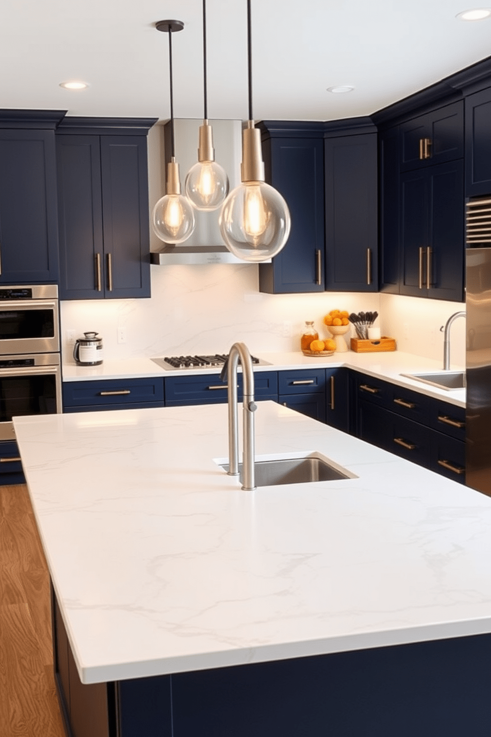 A U-shaped kitchen design featuring elegant quartz countertops that combine durability with modern style. The cabinetry is a rich navy blue, complemented by sleek stainless steel appliances and warm pendant lighting hanging above the central island.