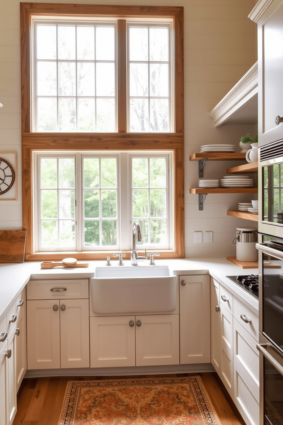 A charming U-shaped kitchen design features a farmhouse sink positioned under a large window that allows natural light to flood the space. The cabinetry is painted in a soft white, complemented by rustic wooden accents and open shelving displaying curated dishware.