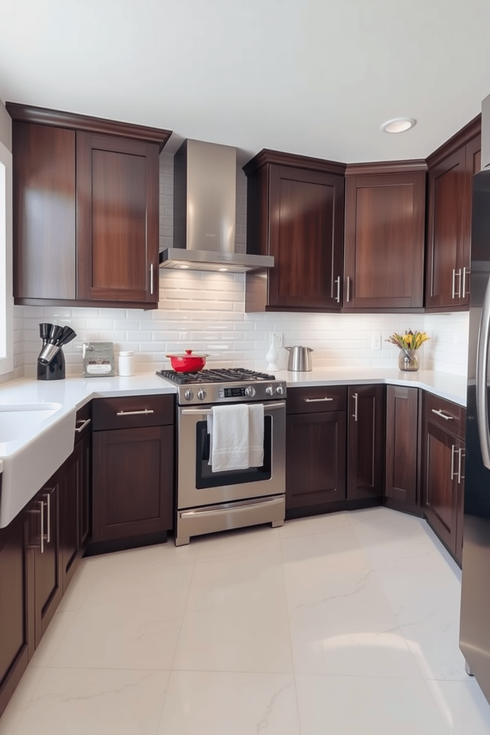 A U-shaped kitchen featuring dark wood cabinets complemented by light accents. The countertops are a sleek white quartz, and the backsplash consists of glossy subway tiles that add a modern touch.