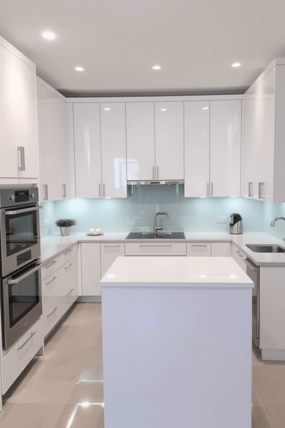 A contemporary U-shaped kitchen featuring a sleek glass backsplash that adds a modern touch. The cabinetry is finished in a high-gloss white, complemented by stainless steel appliances and a spacious island at the center.