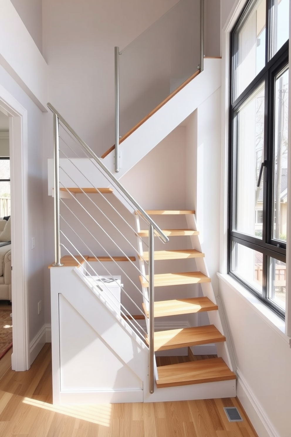 A compact U-shaped staircase designed for small spaces features sleek wooden steps with a minimalist metal railing. The staircase is painted in a soft white color, creating a bright and airy feel while maximizing functionality. The design includes built-in storage beneath the stairs, utilizing every inch efficiently. Natural light floods the area through a large window adjacent to the staircase, enhancing the open atmosphere.