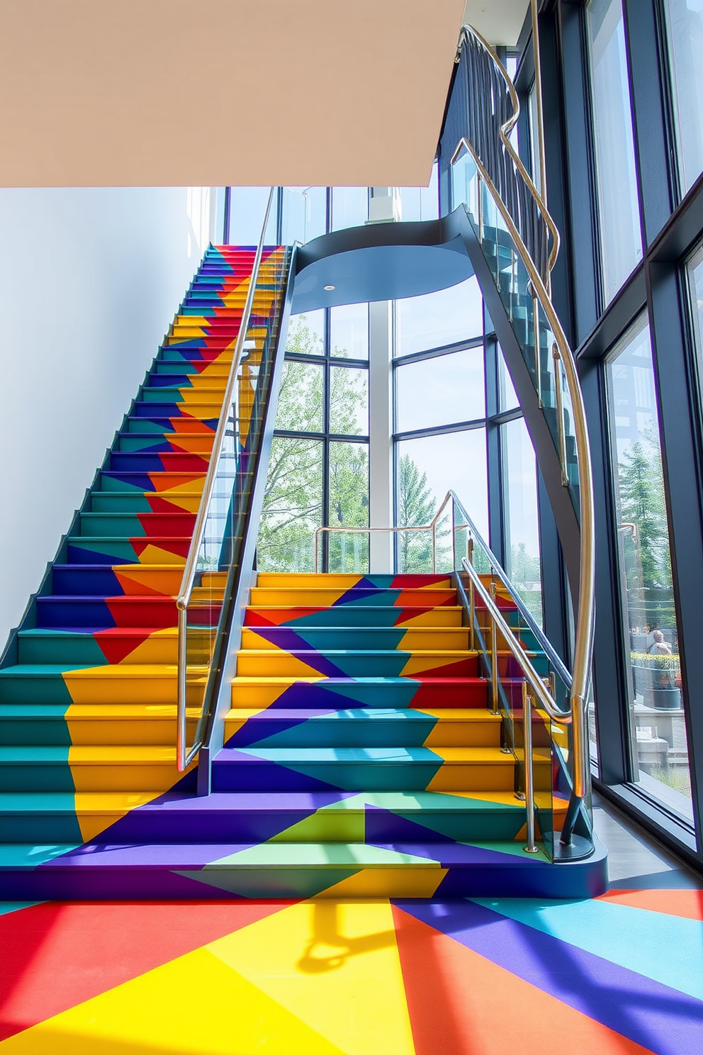 A striking U-shaped staircase features a geometric pattern in bold colors that draws the eye. The steps are adorned with a mix of vibrant hues, creating a dynamic visual effect that complements the surrounding space. The handrail is sleek and modern, crafted from polished metal, enhancing the contemporary feel. Large windows nearby allow natural light to flood the area, accentuating the staircase's unique design.