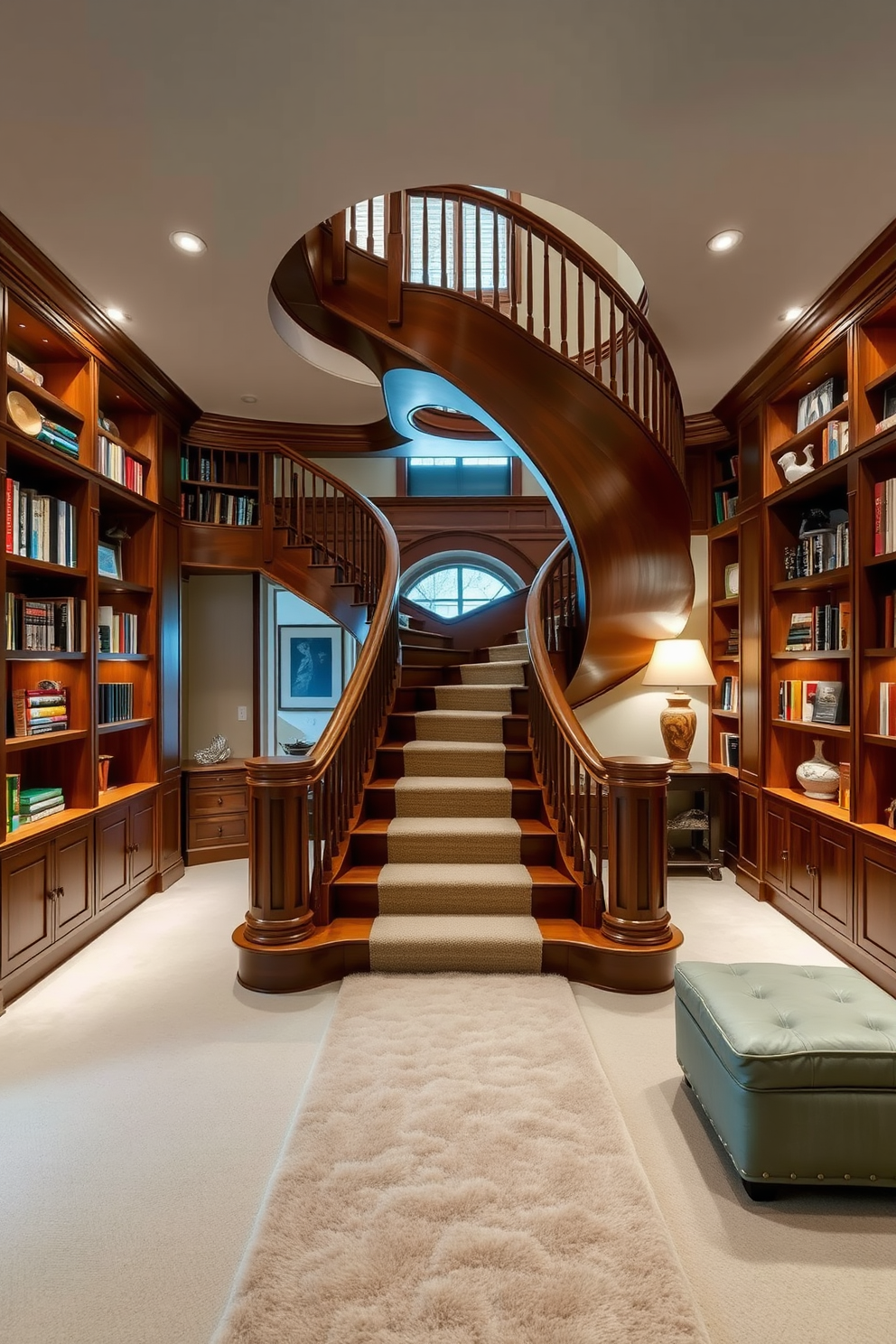 A grand U-shaped staircase elegantly curves through the space, showcasing a rich wooden finish that complements the surrounding decor. Built-in bookshelves line the walls on either side, filled with an array of books and decorative items, creating a cozy yet sophisticated atmosphere. Soft lighting illuminates the staircase, highlighting its architectural details and inviting a warm ambiance. A plush runner rug in a neutral tone adds comfort underfoot, enhancing the overall elegance of the design.