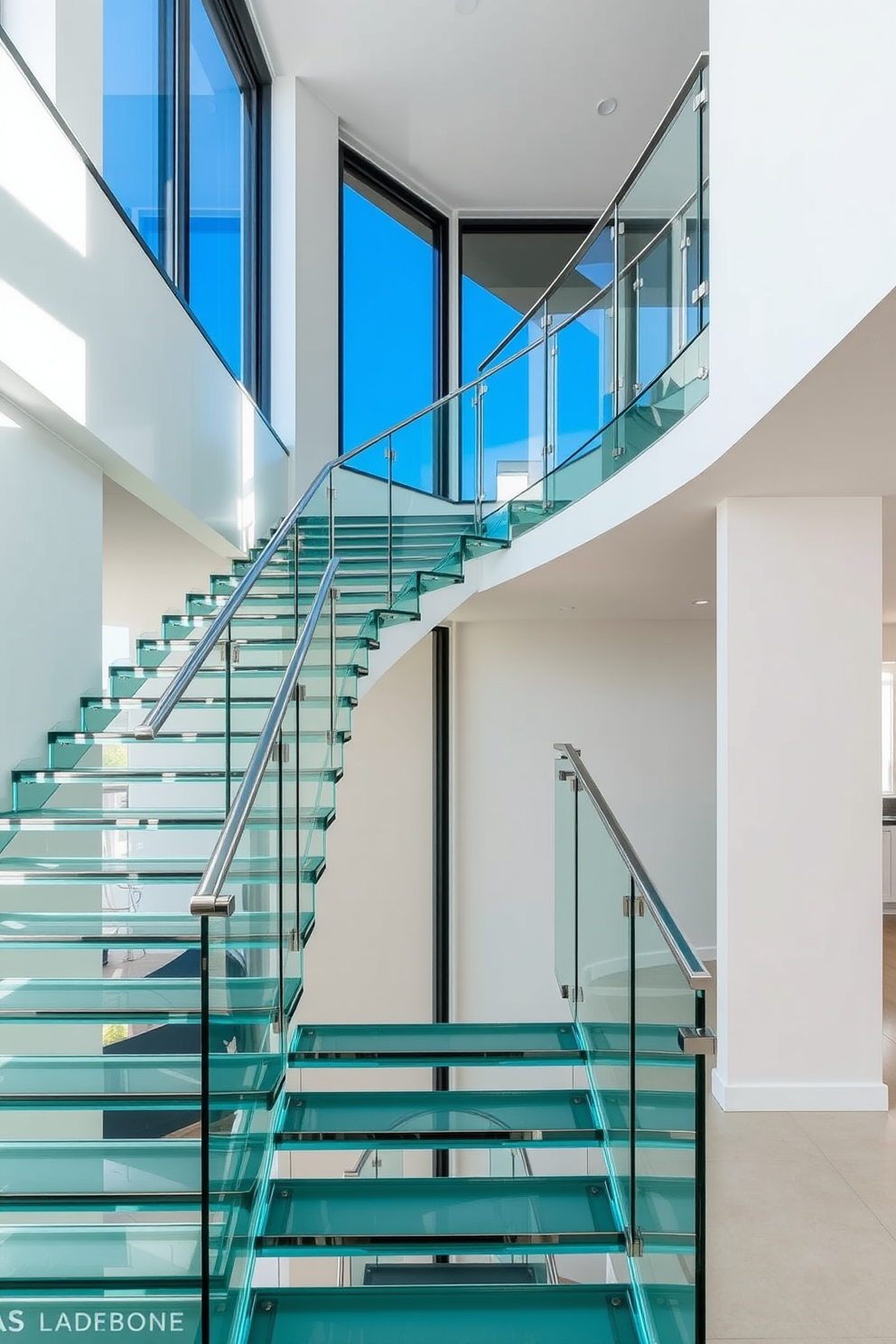 A stunning glass and steel staircase elegantly connects the different levels of a modern home. The sleek design features transparent glass panels and polished steel railings, allowing natural light to flow freely through the space. The U-shaped staircase showcases a contemporary aesthetic with its smooth lines and minimalist approach. Each step is crafted from high-quality materials, creating a striking focal point that enhances the overall modern ambiance of the interior.