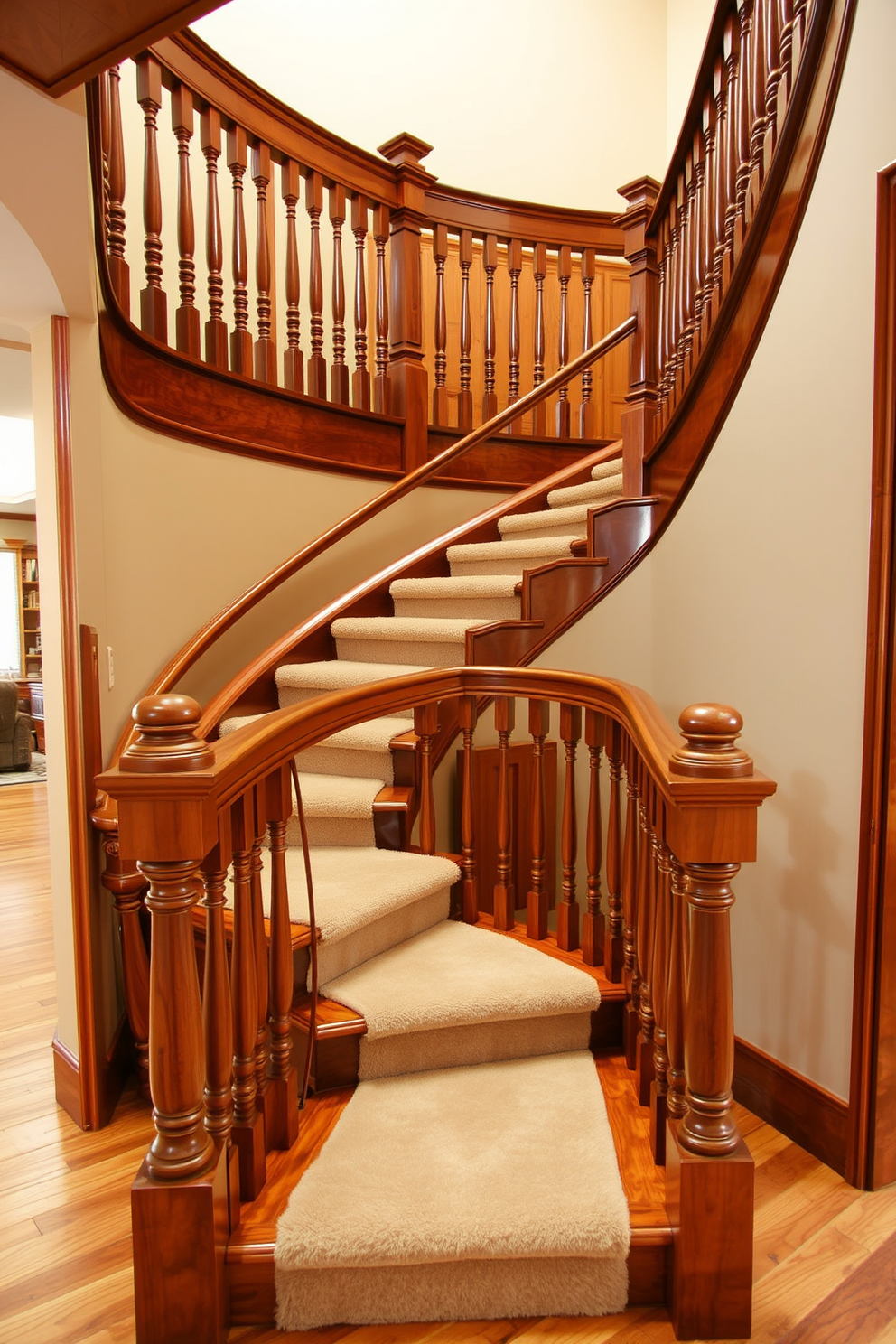 A traditional wooden staircase with elegant balusters showcases a warm, inviting aesthetic. The rich wood tones contrast beautifully with the soft lighting that highlights the intricate details of the craftsmanship. The U-shaped staircase features a graceful curve that enhances the flow of the space. It is adorned with a plush runner that adds a touch of comfort and style, complementing the surrounding decor.