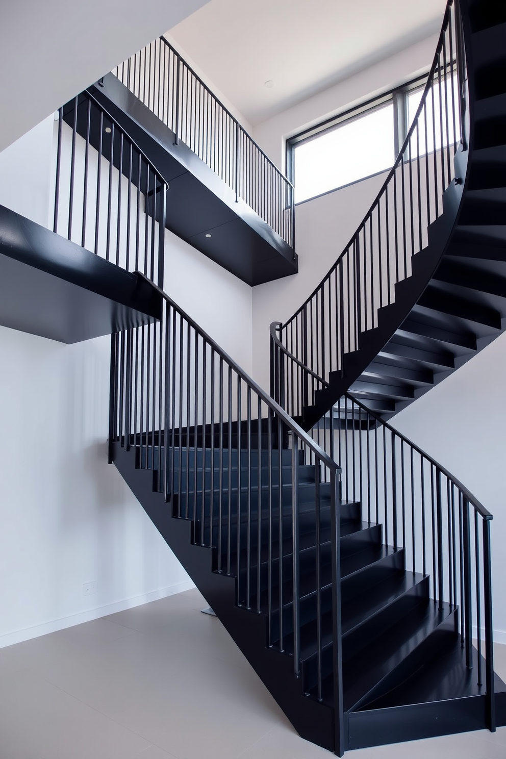 A sleek black staircase with a minimalist aesthetic features clean lines and a floating design that creates a sense of openness. The U-shaped configuration is accentuated by elegant railings that complement the staircase's modern style.