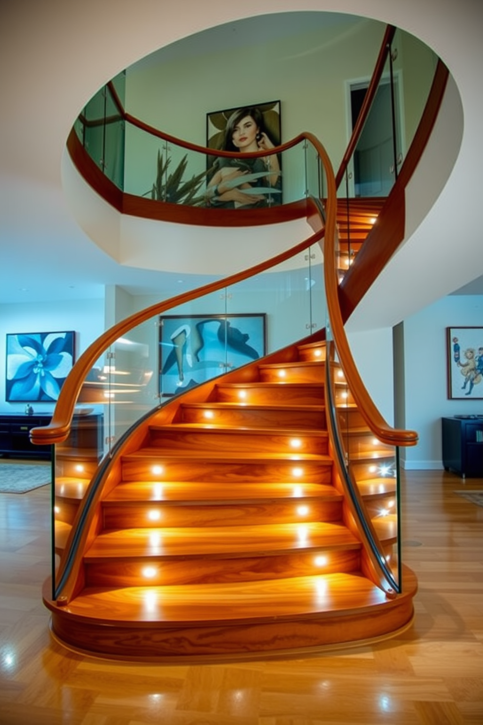 A stunning U-shaped staircase with integrated lighting features gracefully curves in a spacious foyer. The steps are crafted from rich hardwood, while sleek glass panels provide a modern touch and safety. Soft LED lights are embedded along the staircase, illuminating each step and creating a warm ambiance. The walls are adorned with contemporary art, enhancing the overall aesthetic of the space.