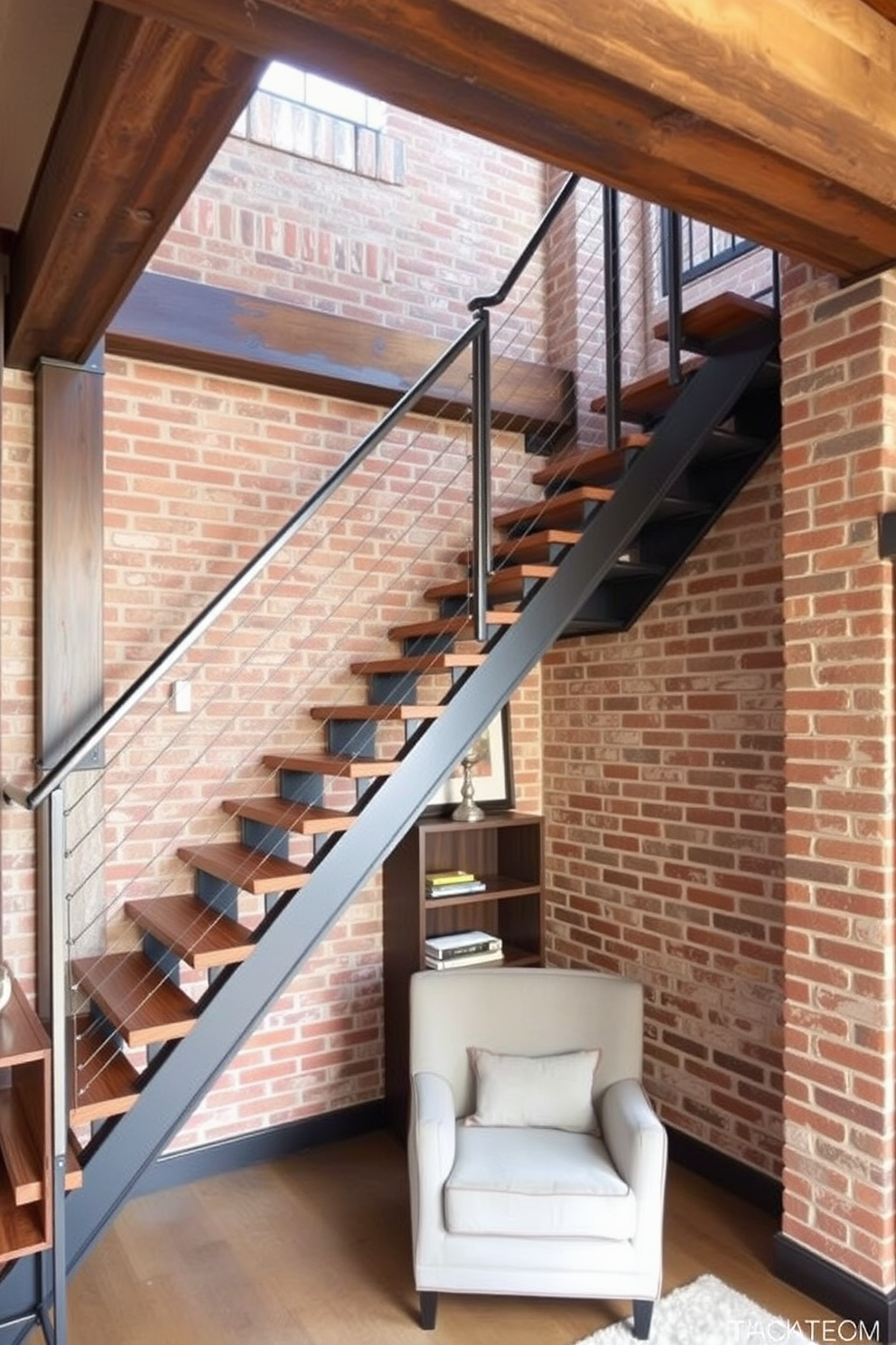 An industrial style staircase with exposed beams showcases a blend of raw materials and modern design. The U-shaped staircase features a sleek metal railing and wooden treads, creating a striking focal point in the space. The walls are adorned with exposed brick, enhancing the industrial aesthetic. Below the staircase, a cozy reading nook with a plush armchair and a small bookshelf adds functionality and warmth to the area.