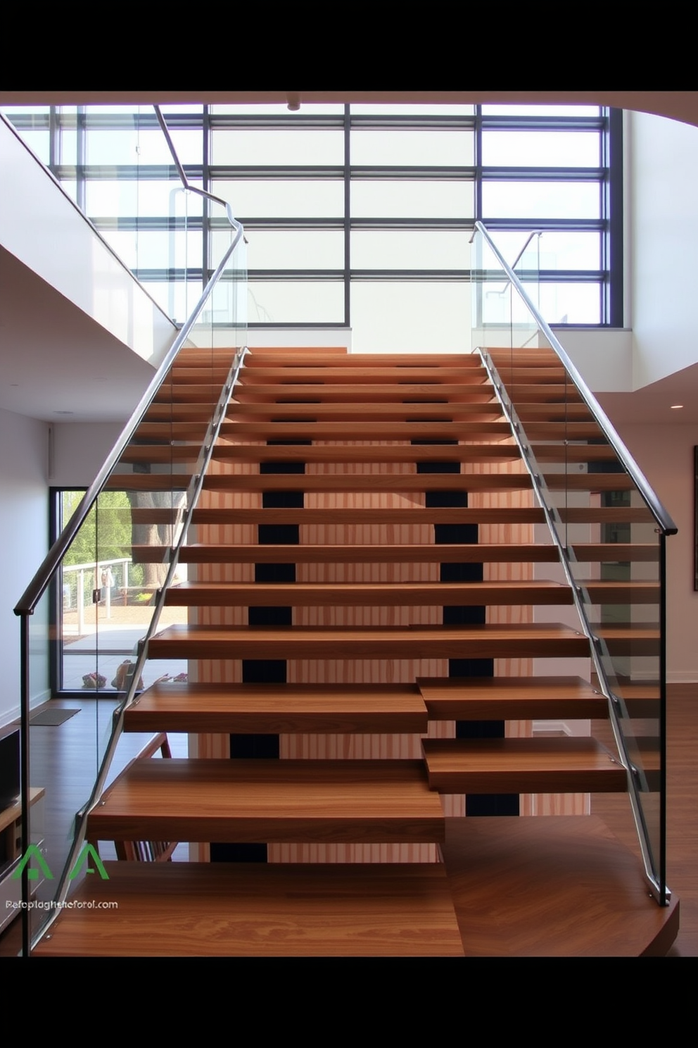 A stunning U-shaped staircase features floating steps that create an illusion of lightness and space. The glass railing enhances the modern aesthetic, allowing natural light to flow through while providing safety and elegance.