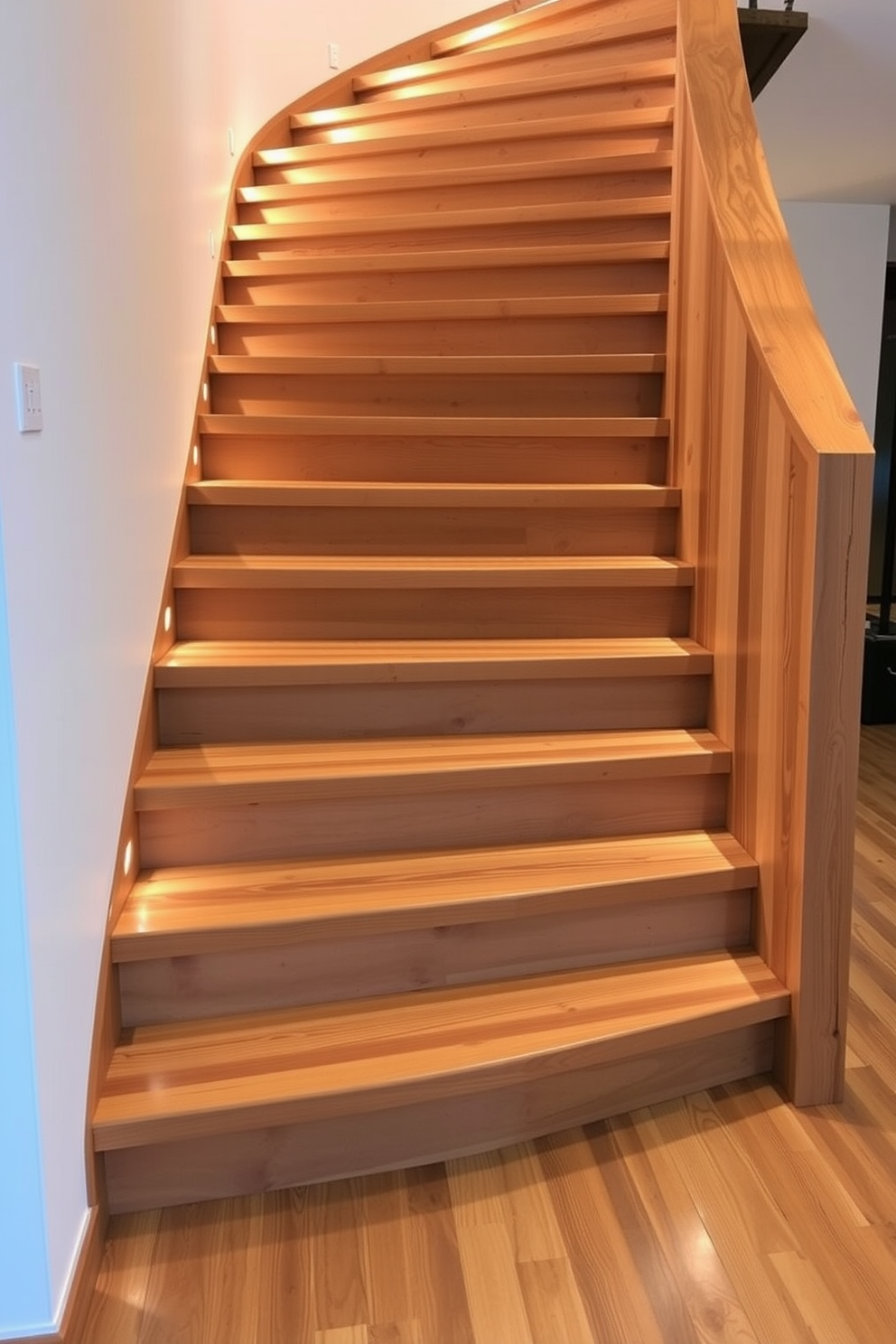 Eco-friendly staircase made from reclaimed wood. The design features a U-shaped configuration that seamlessly integrates into the surrounding space. The steps are wide and sturdy, showcasing the natural grain of the wood. Soft LED lighting is embedded along the edges to enhance visibility and create a warm ambiance.