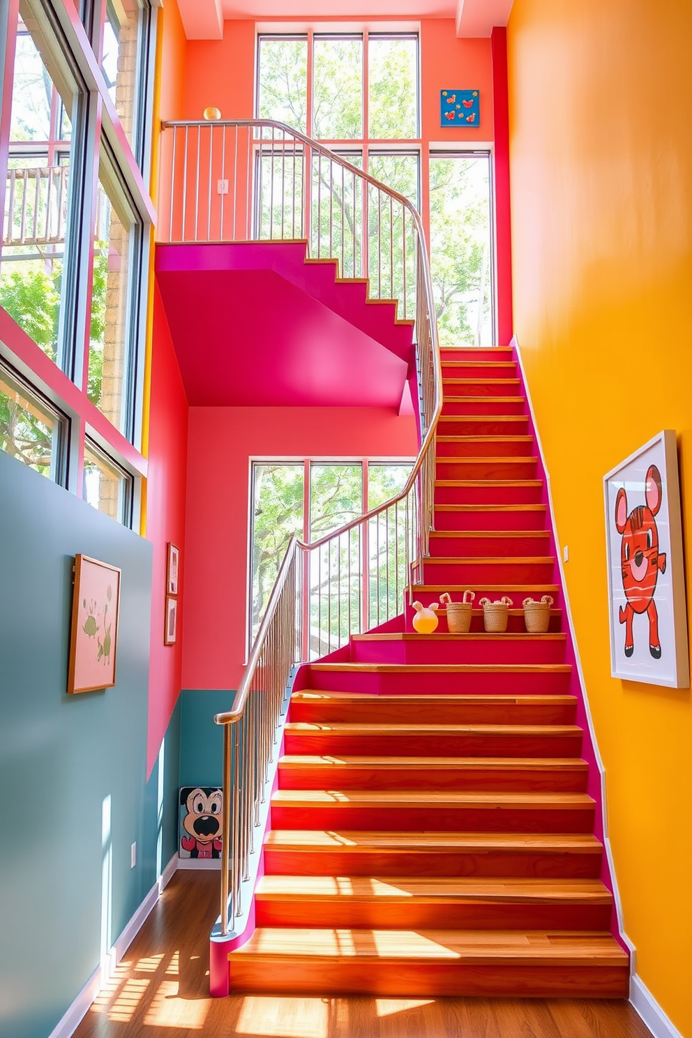 Brightly colored U-shaped staircase with vibrant hues that create a playful atmosphere. The staircase features sleek wooden steps and a modern metal railing, enhancing the contemporary design. Surrounding the staircase are large windows that allow natural light to flood in, illuminating the cheerful colors. The walls are adorned with playful artwork that complements the staircase's lively aesthetic.