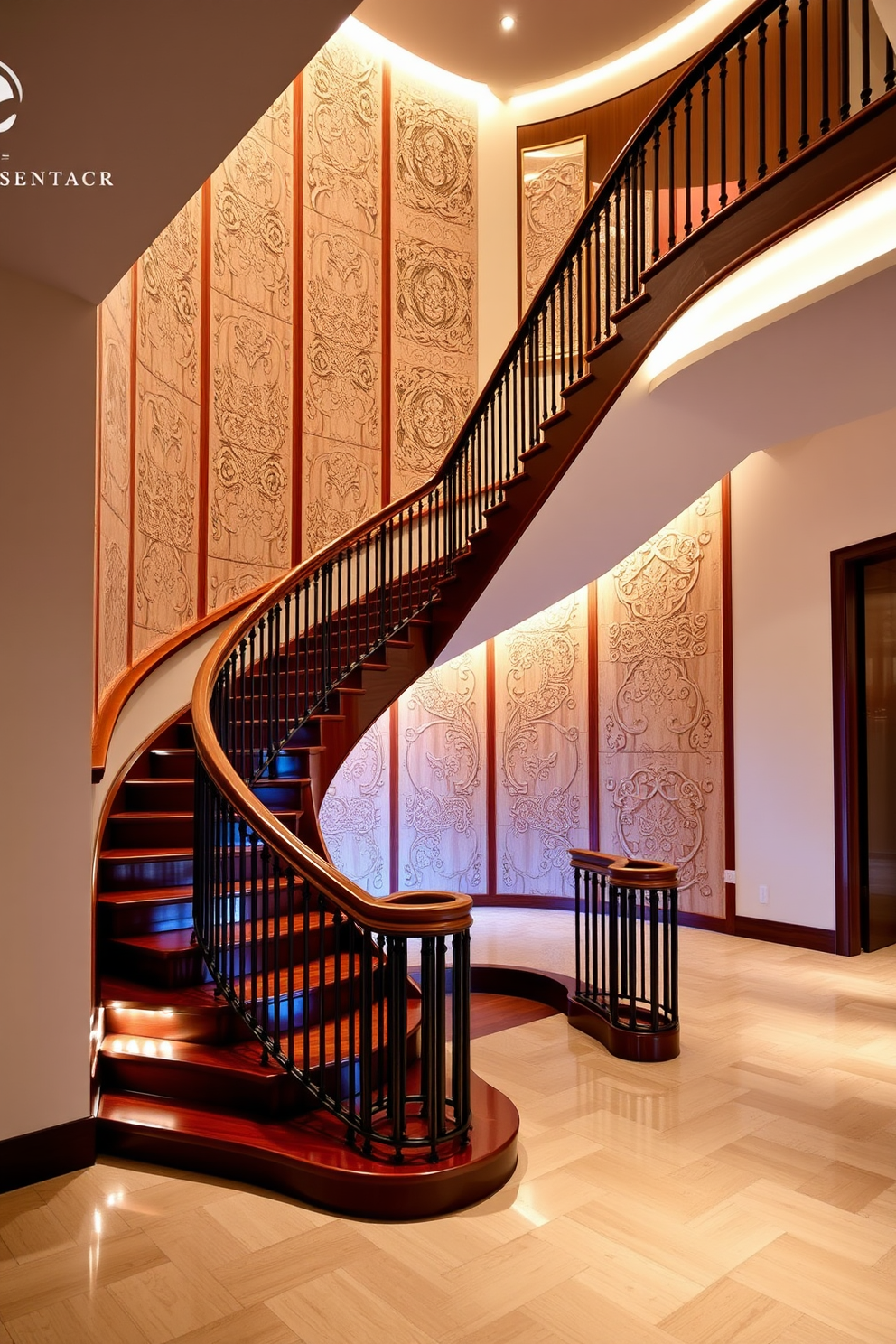 A stunning U-shaped staircase featuring elegant decorative wall panels that enhance the overall aesthetic. The staircase is crafted from rich hardwood, with a polished finish that reflects the ambient lighting beautifully. The wall panels are adorned with intricate patterns and textures, adding depth and character to the space. Soft, warm lighting illuminates the staircase, creating a welcoming atmosphere that invites guests to explore further.