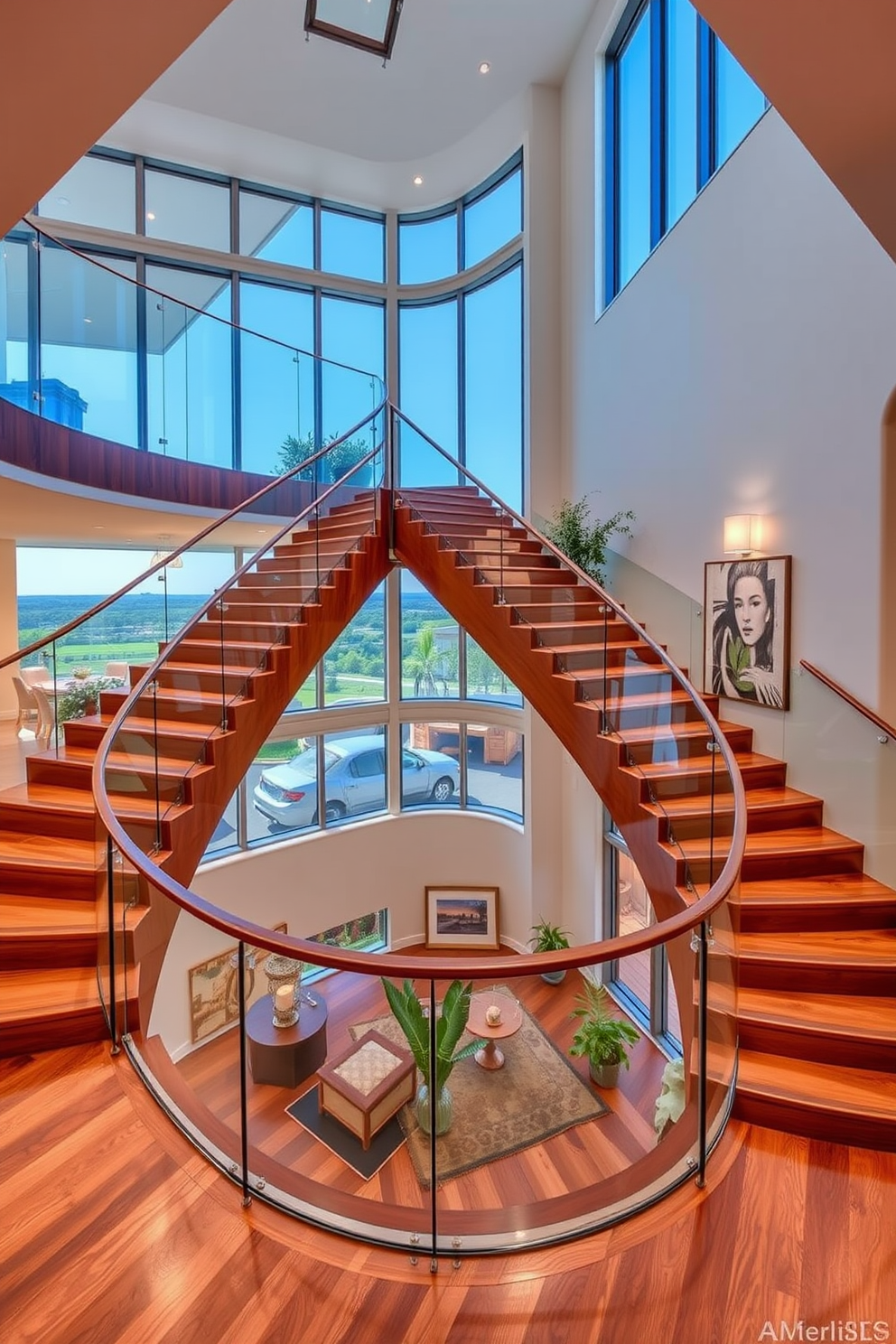 A stunning open concept staircase with panoramic views features a sleek glass railing that allows natural light to flood the space. The staircase is crafted from rich hardwood, seamlessly connecting the upper and lower levels while providing a striking focal point. The U-shaped staircase design incorporates a stylish landing area adorned with decorative plants and artwork. Soft lighting fixtures are integrated into the staircase, creating an inviting ambiance that enhances the overall elegance of the home.