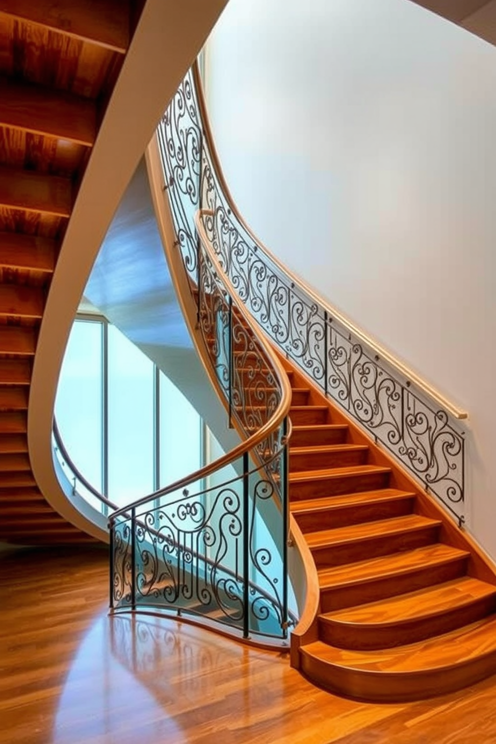 Artistic staircase with unique railing designs. The staircase features a sweeping curve with intricate metalwork railings that create a stunning visual effect. U-Shaped staircase design ideas. This design incorporates elegant wooden steps with a polished finish, complemented by stylish glass panels along the railing for a modern touch.