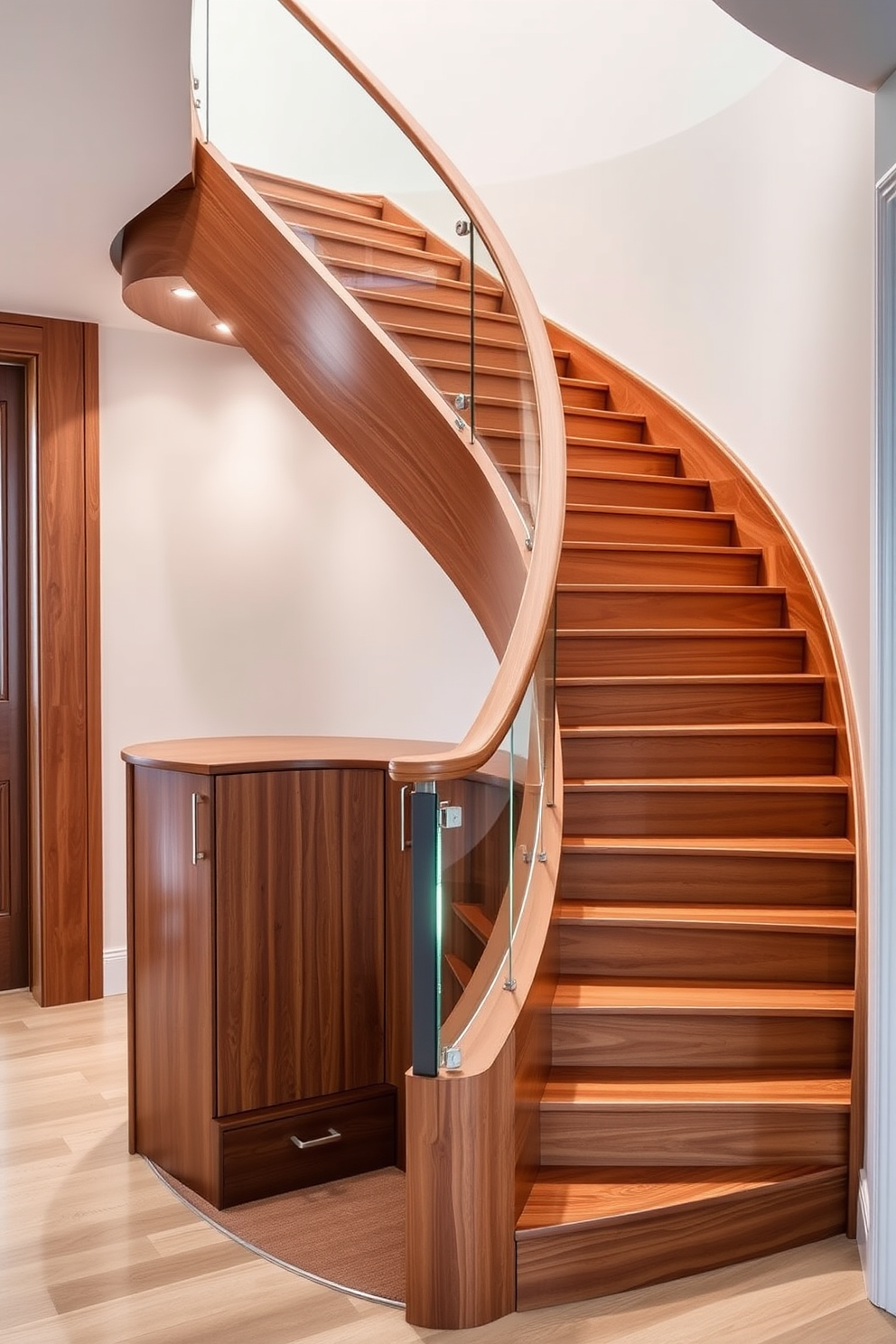 A stunning U-shaped staircase features sleek wooden steps that curve gracefully, creating an elegant focal point in the entryway. Beneath the staircase, hidden storage solutions are seamlessly integrated, providing a practical yet stylish way to keep the space organized. The staircase is illuminated by strategically placed recessed lighting, which highlights the beautiful craftsmanship of the wood. A contemporary railing made of glass and metal adds a modern touch, ensuring safety while maintaining an open and airy feel.