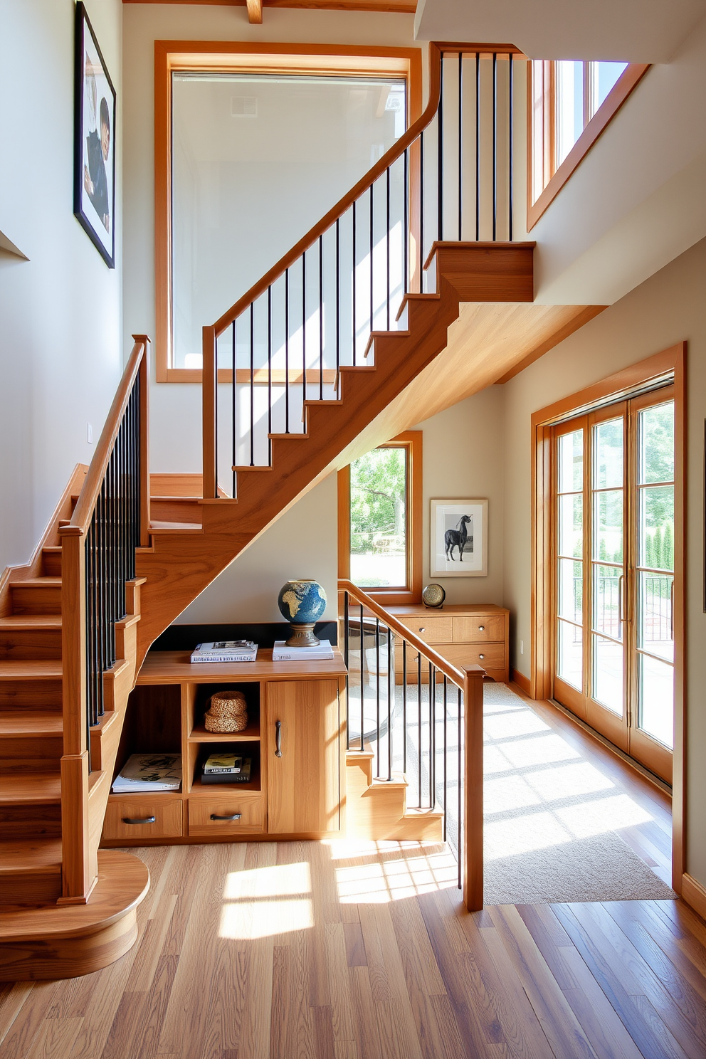 A smart staircase design that maximizes space and functionality. The U-shaped staircase features built-in storage solutions beneath the steps, seamlessly blending aesthetics with practicality. Natural light floods the area through large windows adjacent to the staircase, highlighting its elegant wood finish. Decorative elements, such as a stylish handrail and artwork on the walls, enhance the overall design while maintaining a modern feel.