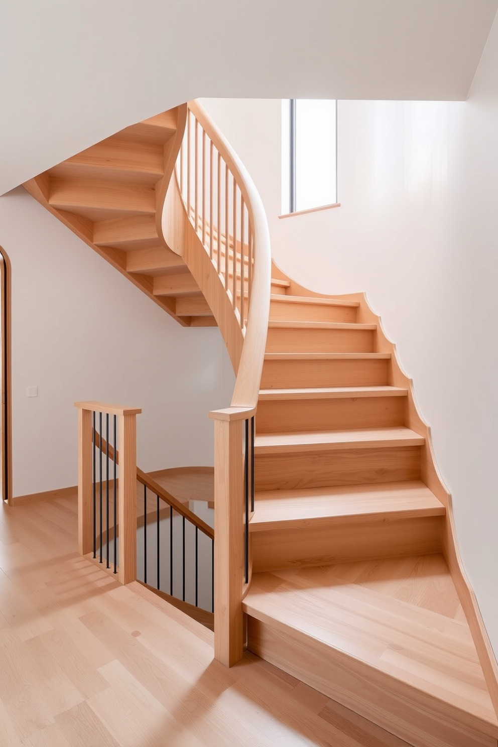 A Scandinavian inspired staircase features light wood with a minimalist design. The U-shaped staircase includes sleek, straight lines and open risers, allowing natural light to flow through the space.