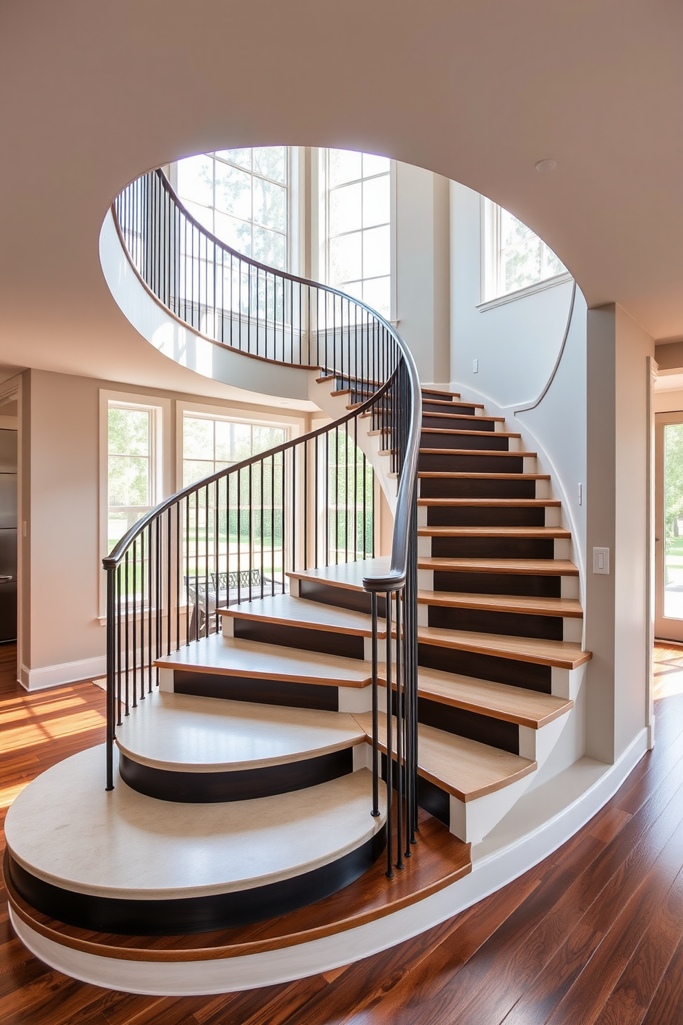 A stunning U-shaped staircase features contrasting treads and risers that create a striking visual impact. The elegant handrail flows gracefully along the curve, enhancing the overall sophistication of the design. The staircase is illuminated by natural light streaming through large windows nearby. Rich wooden flooring complements the staircase, adding warmth and depth to the space.