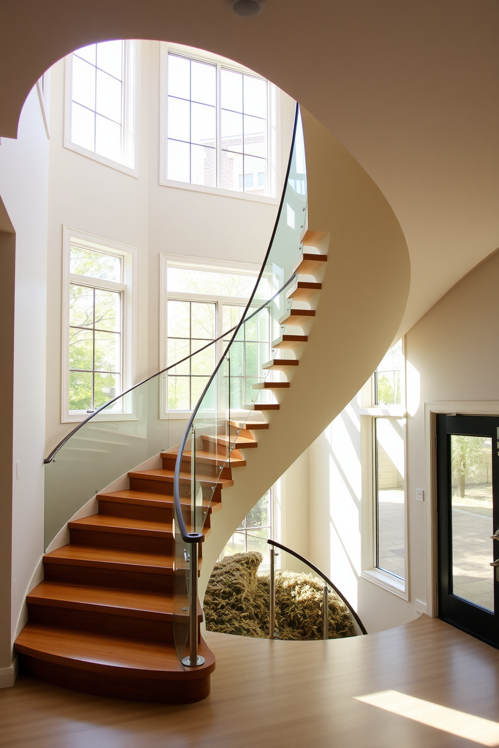 A sculptural U-shaped staircase design serves as a stunning focal point in the entryway. The staircase features sleek wooden steps that gracefully curve, complemented by a glass railing that enhances the sense of openness. Natural light floods the space through large windows, highlighting the elegant lines of the staircase. The surrounding walls are painted in a soft neutral tone, creating a harmonious backdrop that accentuates the staircase's artistic form.