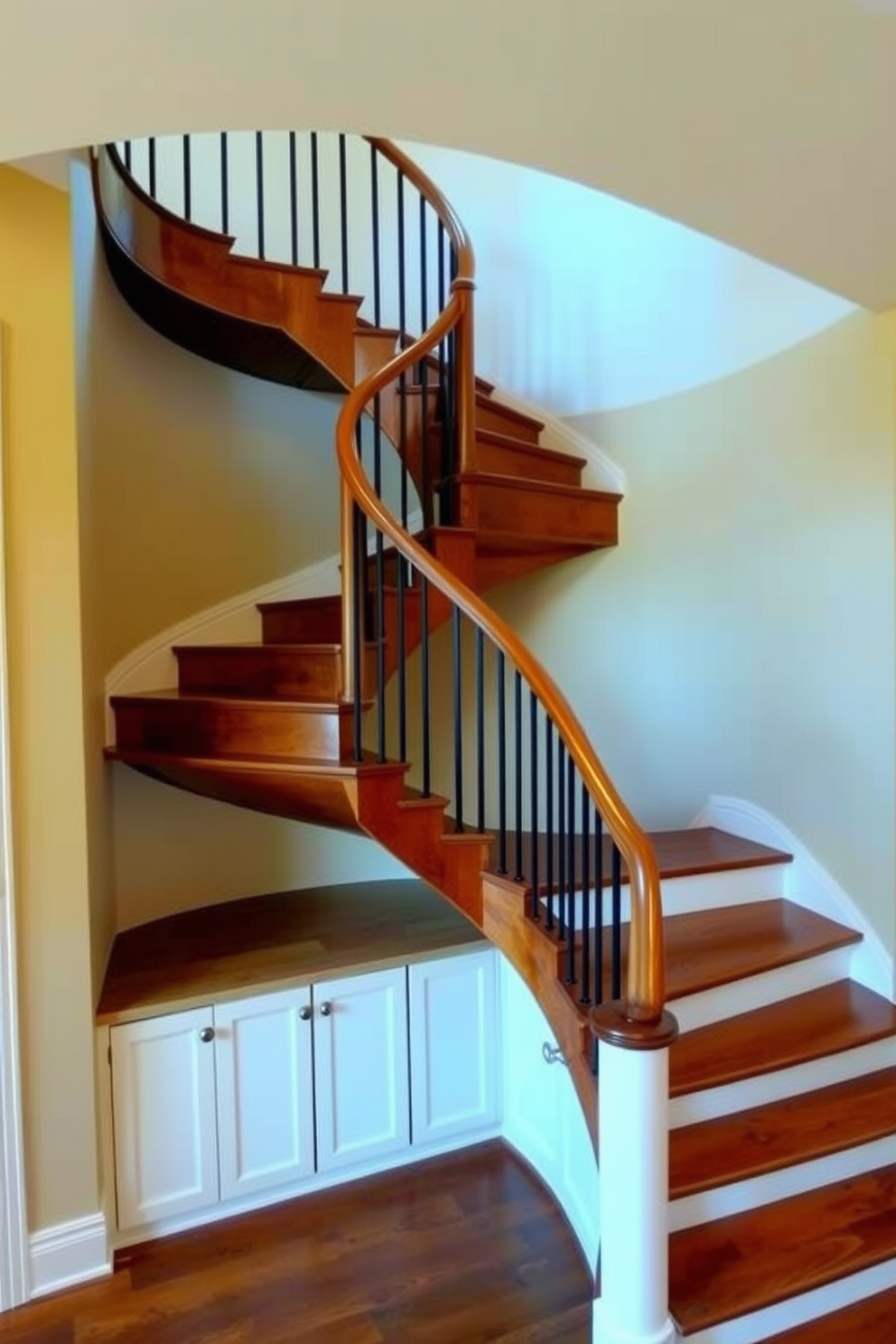 A stunning curved U-shaped staircase elegantly winds through the foyer, featuring a sleek wooden handrail that complements the rich hardwood steps. Beneath the staircase, built-in storage cabinets blend seamlessly into the design, providing both functionality and style.