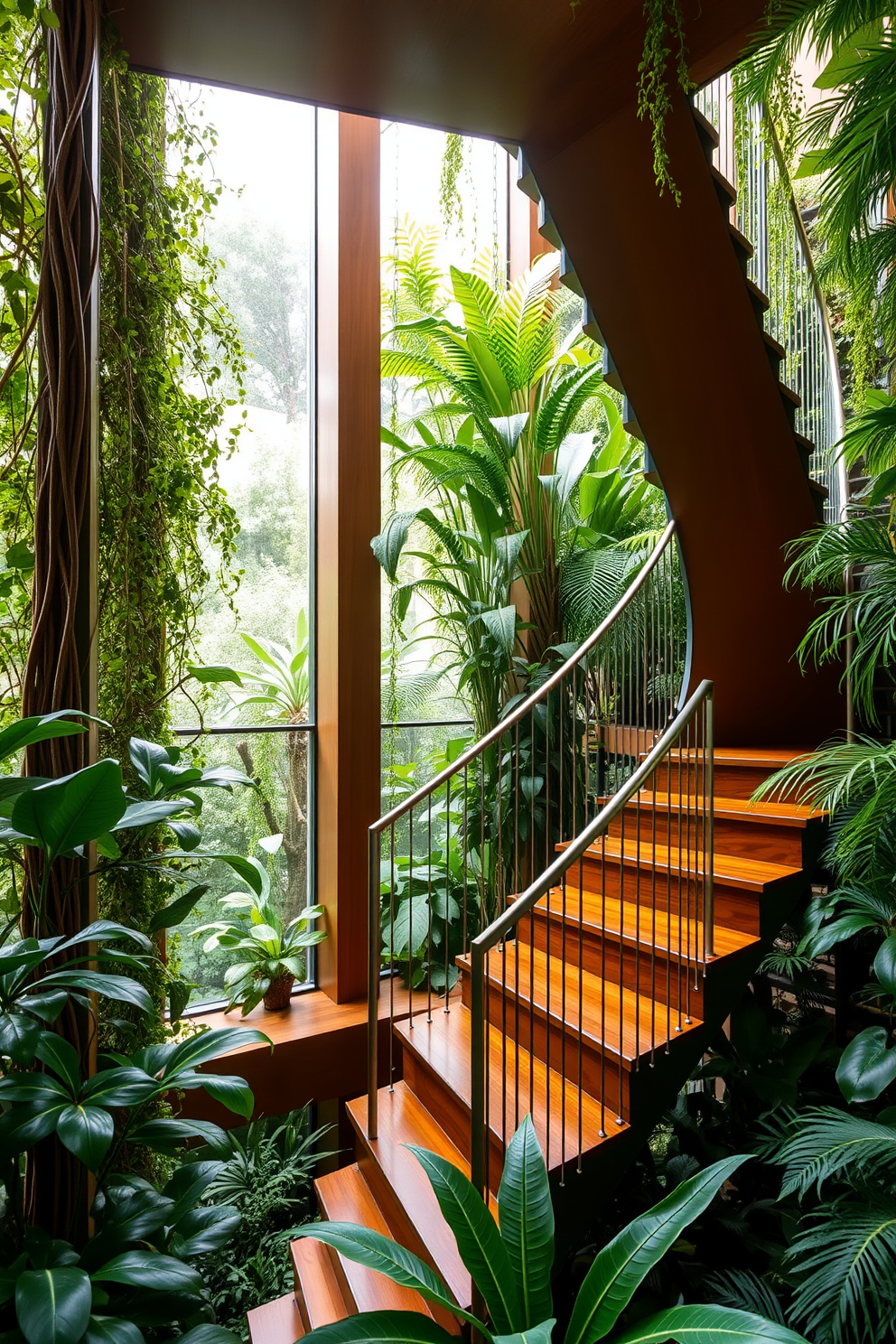 A stunning U-shaped staircase elegantly winds through a space filled with lush greenery. The staircase features rich wooden steps and a sleek metal railing, seamlessly blending with the surrounding plants and natural light.