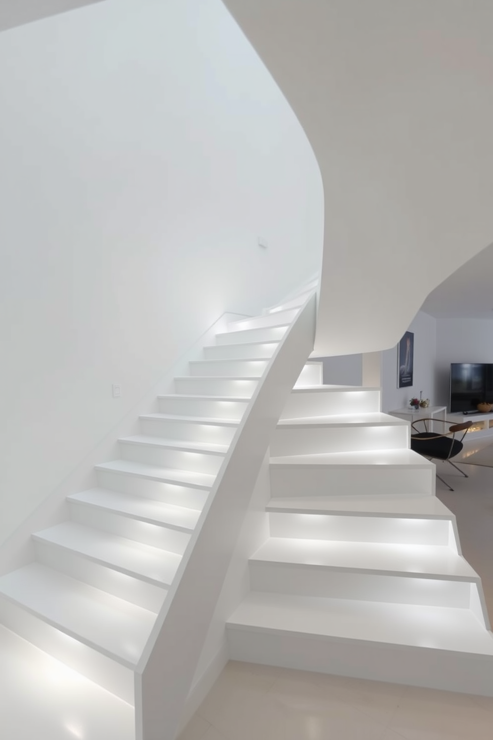 A minimalist white staircase features sleek lines and a clean design that creates an airy atmosphere. Soft LED lights are integrated into the steps, illuminating the path and enhancing the modern aesthetic. The U-shaped staircase design incorporates a smooth transition between levels while maximizing space. The white finish complements the surrounding decor, providing a seamless flow throughout the home.