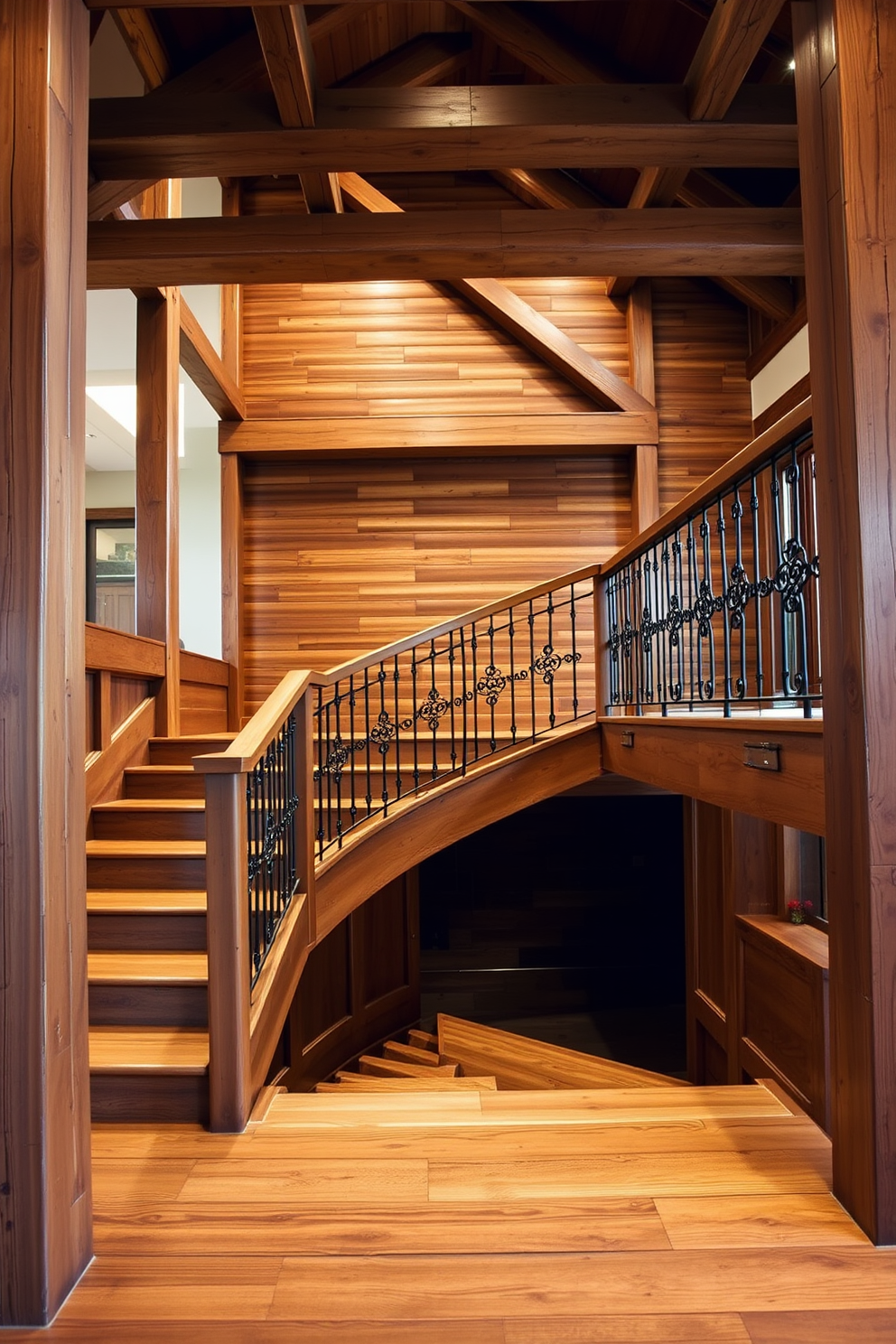 A rustic wooden staircase features a warm, rich finish that highlights the natural grain of the wood. The U-shaped design incorporates elegant wrought iron railings, adding a touch of sophistication and charm to the overall aesthetic. The staircase is framed by exposed wooden beams that enhance the rustic appeal of the space. Soft, ambient lighting illuminates the staircase, creating an inviting atmosphere that draws the eye upward.