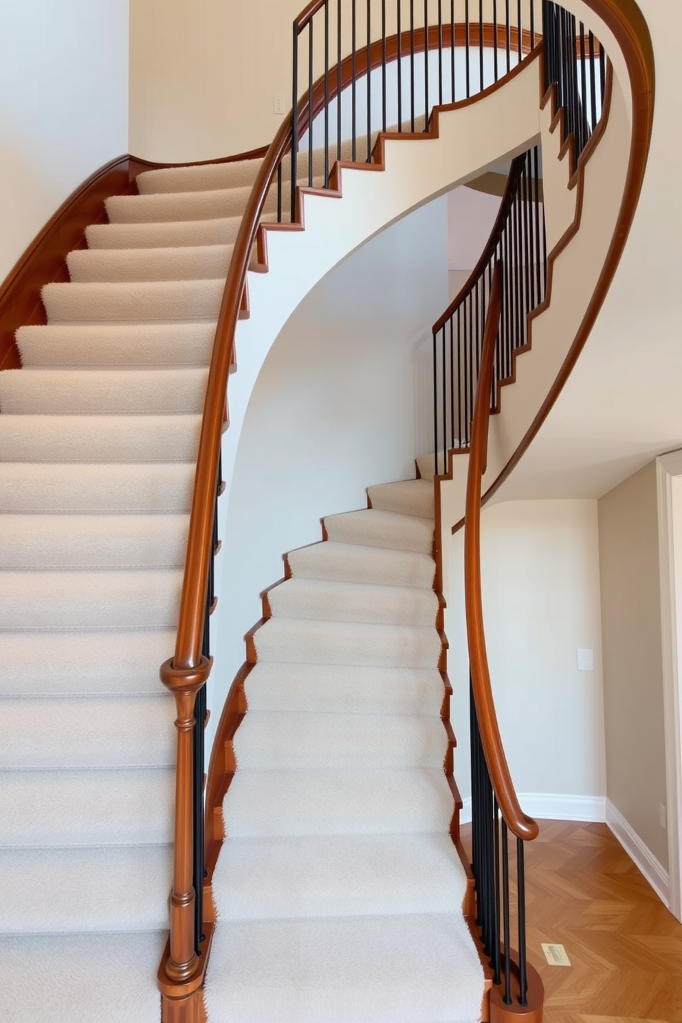 An elegant spiral U-shaped staircase gracefully ascends, featuring plush carpeting that enhances its luxurious appeal. The staircase is framed by sleek wooden railings, creating a stunning focal point in the entryway.