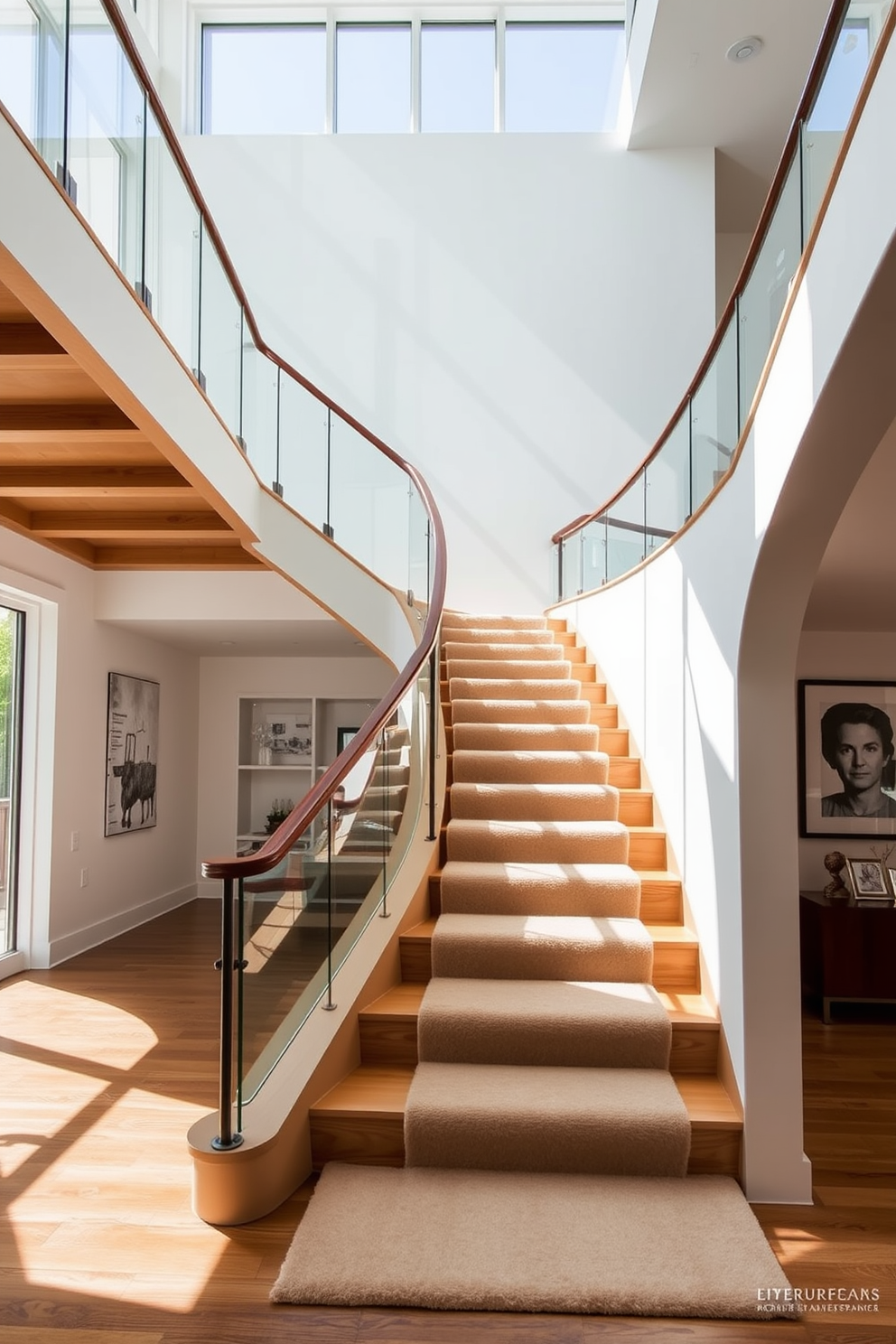 Open riser staircase bathed in natural light creating an airy and spacious feel. The staircase features a sleek wooden structure with glass railings that seamlessly blend with the surrounding decor. U-shaped staircase design incorporating elegant curves and soft lighting. The staircase is adorned with a plush runner that adds warmth and texture, complementing the contemporary aesthetic of the space.