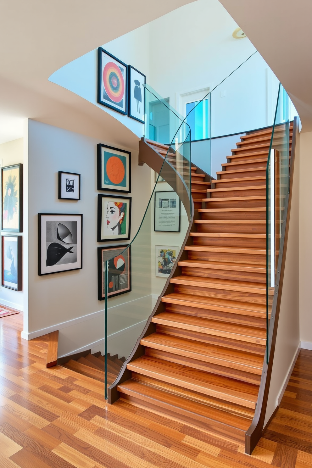 A contemporary U-shaped staircase elegantly curves through the space, featuring sleek wooden treads and a minimalist glass railing. The walls alongside the staircase are adorned with a curated selection of modern artwork, enhancing the visual appeal and creating a focal point in the entryway.