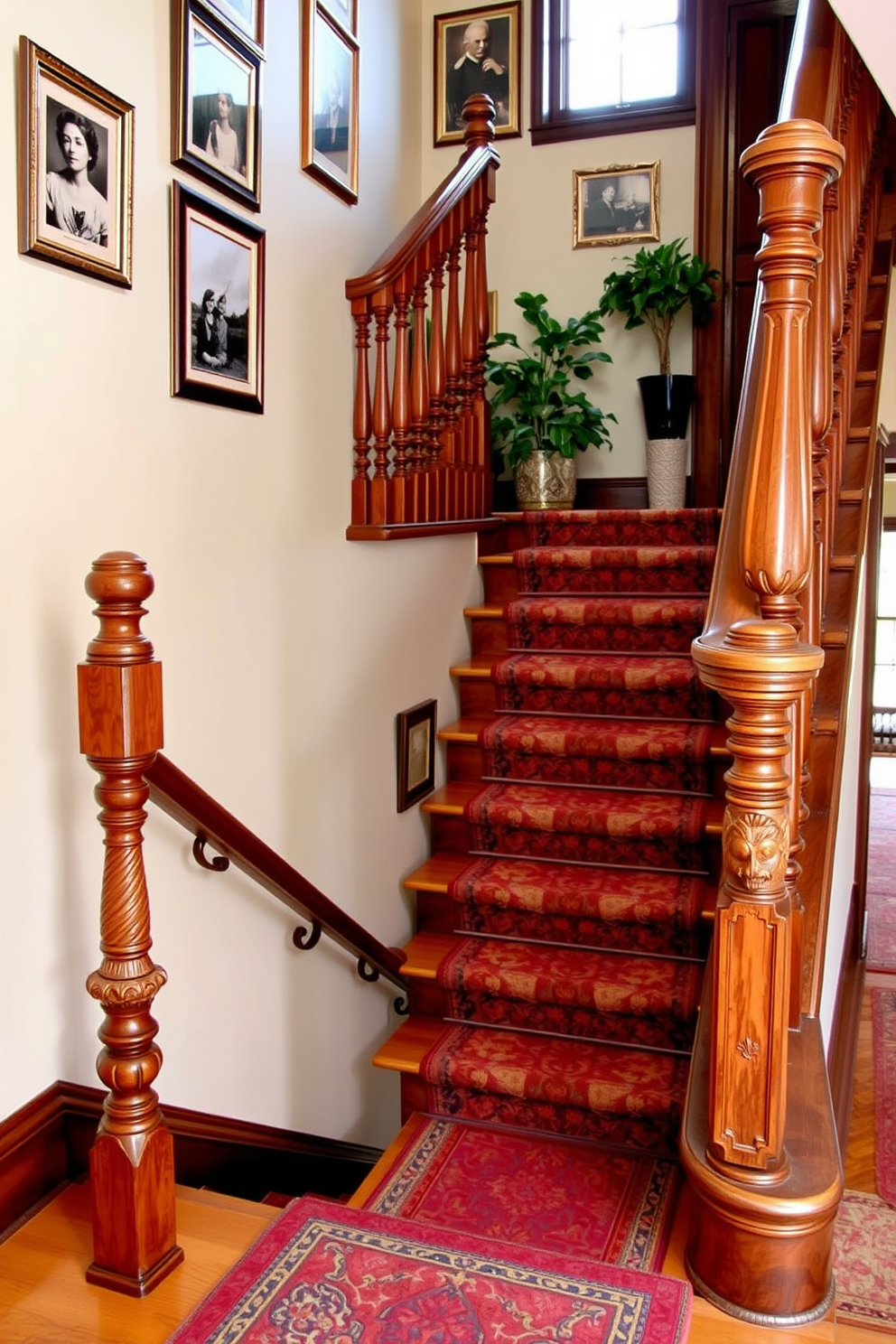 A vintage style staircase with ornate details features intricately carved wooden balusters and a polished handrail that gracefully curves along the ascent. The staircase is adorned with a richly patterned runner that adds warmth and character to the space, while the walls are decorated with vintage photographs in elegant frames. The U-shaped staircase design incorporates a landing that provides a spacious transition between the two flights of stairs. This design allows for the inclusion of decorative elements such as potted plants or a small seating area, enhancing the overall aesthetic and functionality of the staircase.