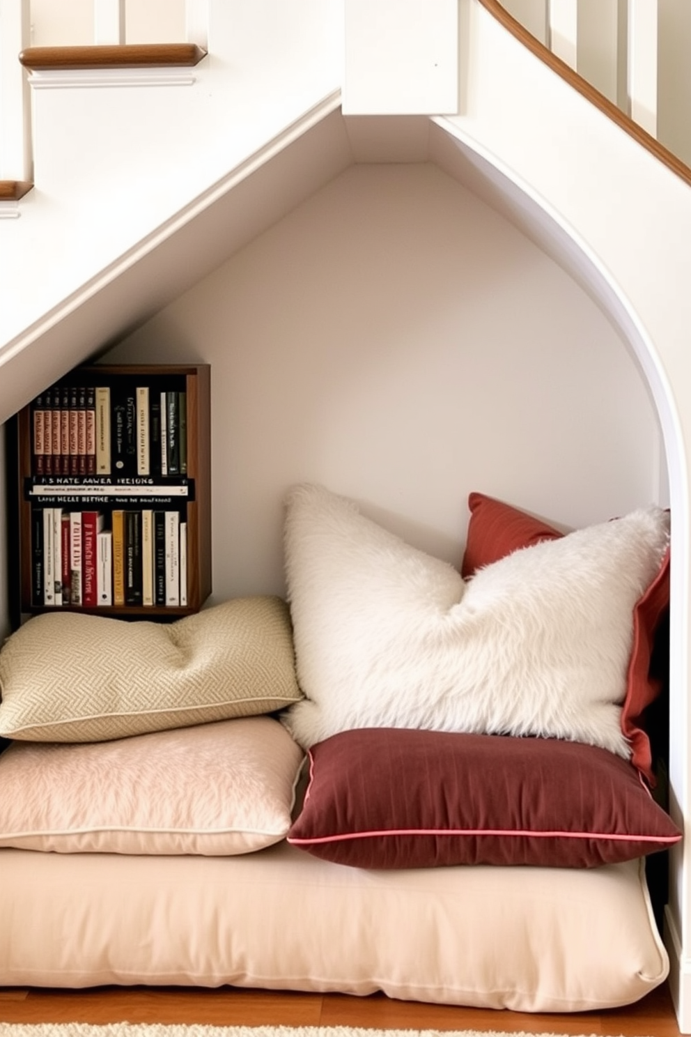 Cozy reading nook with cushions nestled under a staircase. Soft, plush cushions in various textures and colors create an inviting space, while a small bookshelf filled with favorite novels lines the wall.